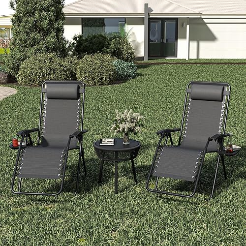 Miniatura 7 de Juego de 2 sillas reclinables ajustables de gravedad cero para exteriores, con bandeja portavasos, almohadas extraíbles, silla reclinable ergonómica