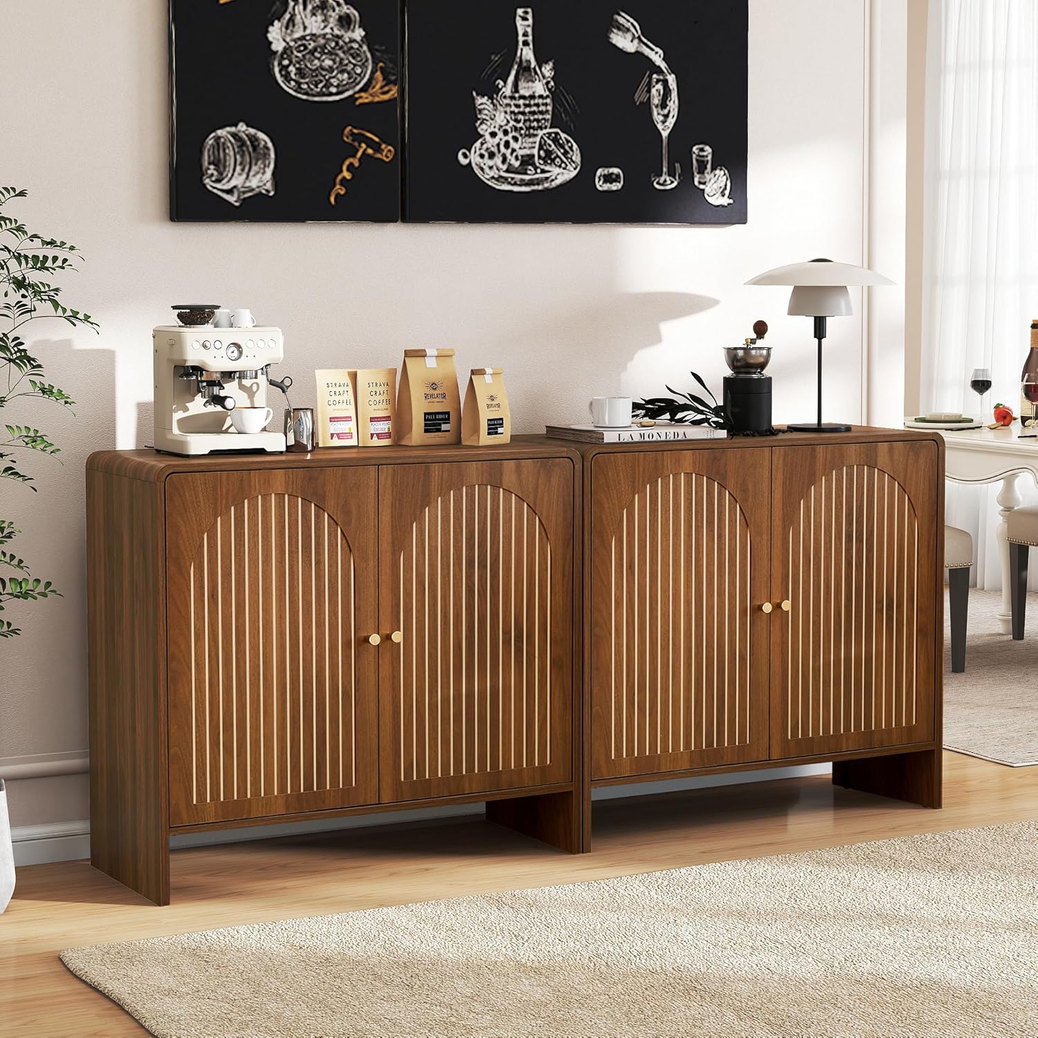 Mid-Century 31.5" Buffet Cabinet, Arched Striped Pattern Storage Cabinet with Door, Farmhouse Sideboard for Livng Room, Kitchen, Coffee Coner (2 Doors, Walnut) - Image 8