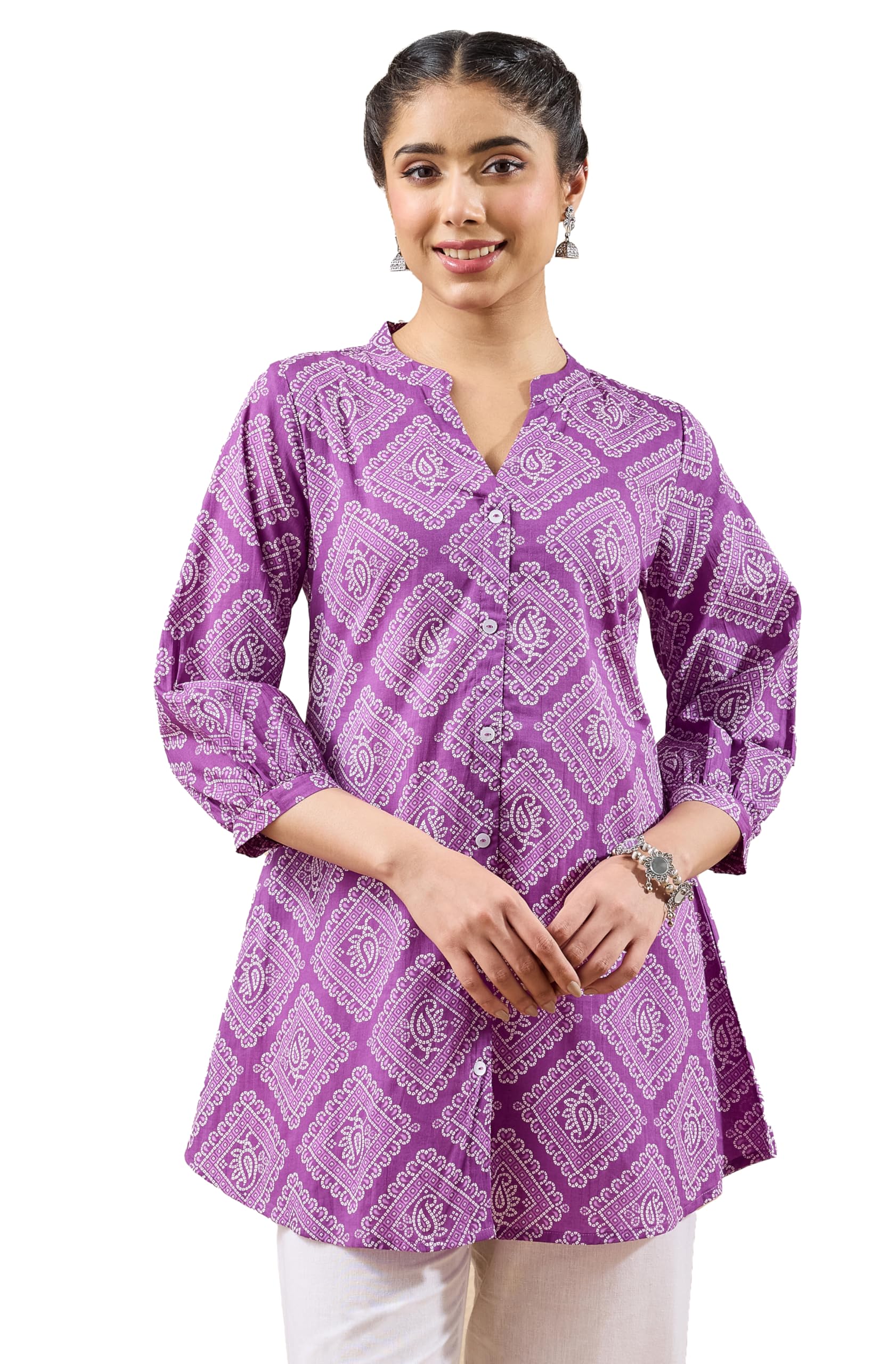 janasya Women's Purple Pure Cotton Bandhani Printed A-line Tunic-picture-23
