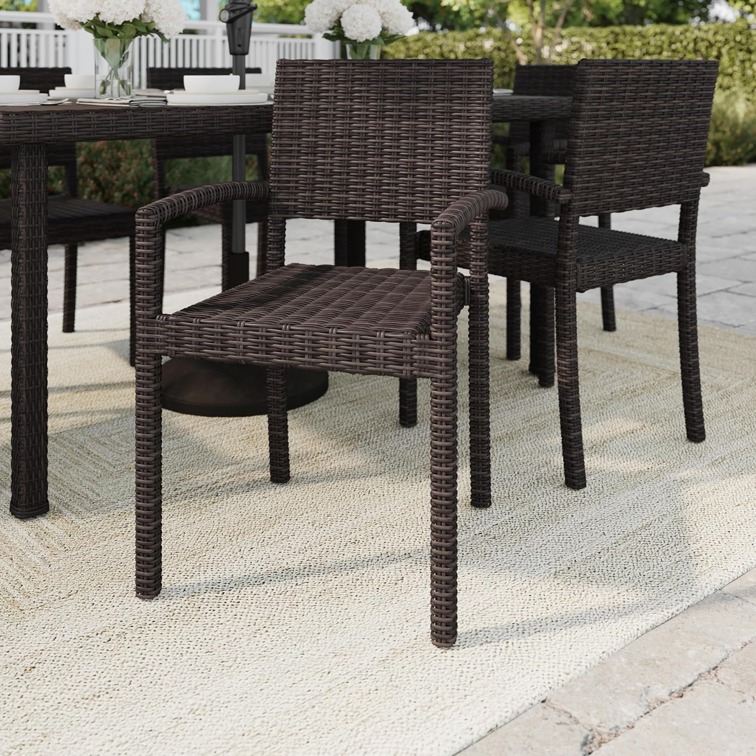 Martha Stewart Bedford Indoor-Outdoor Stackable Patio Armchairs with Rattan Wicker Finish in Brown, Set of 2