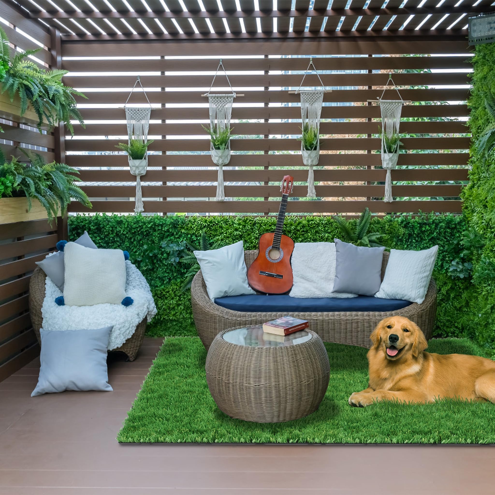 Baldosas de césped artificial para terraza, 30 x 30 cm, alfombra de césped, azulejos, baldosa de clic, en polietileno, pasto artificial, terrazas cortables, juego de 11 unidades, para 1 m²