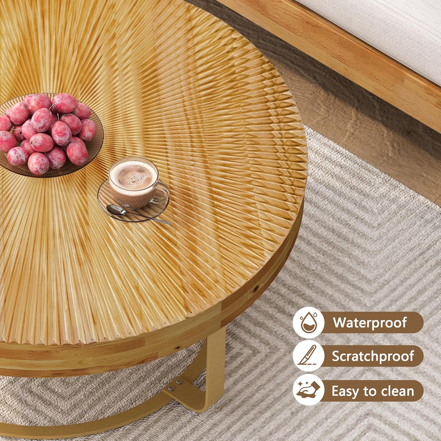 Setawix Farmhouse Round Coffee Table for Living Room, Small Side End Table, Wood Radial Pattern Rustic Gold Coffee Table, Modern Accent Coffee Table Entry Way Table with Metal Leg, Gold