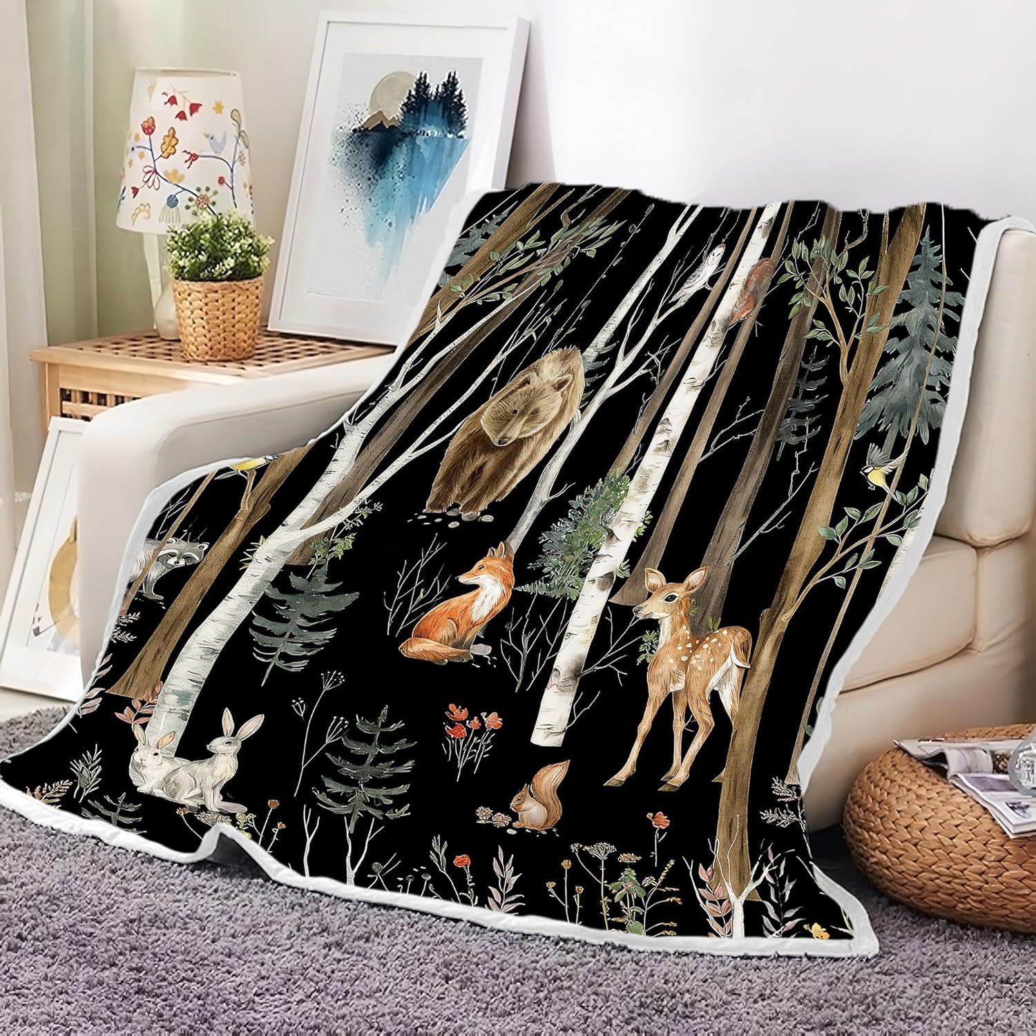 JAWO Rustic Christmas Throw Blanket, Country Wild Animal Bear Winter Throw Blanket for Couch Bed Sofa Nature Forest Throw Blankets for Couch Bed Camping Blanket Travel Bedroom 50X60inch, Forest4