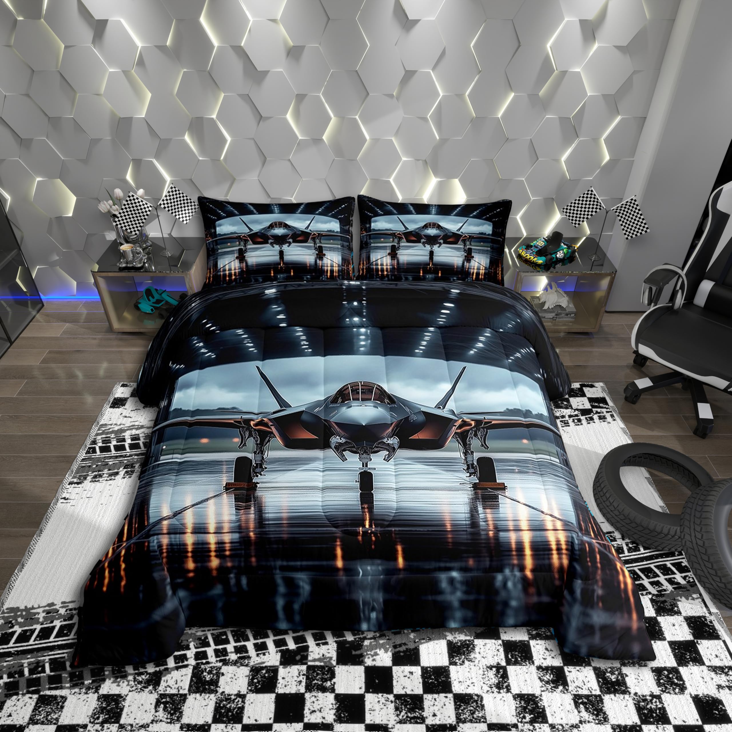 Aviation Aircraft Kids Comforter Sets Queen,Airport 3D Airplane Bedding Comforter Sets,Aviation Plane Aircraft Modern Quilt Sets for Boys Adult,