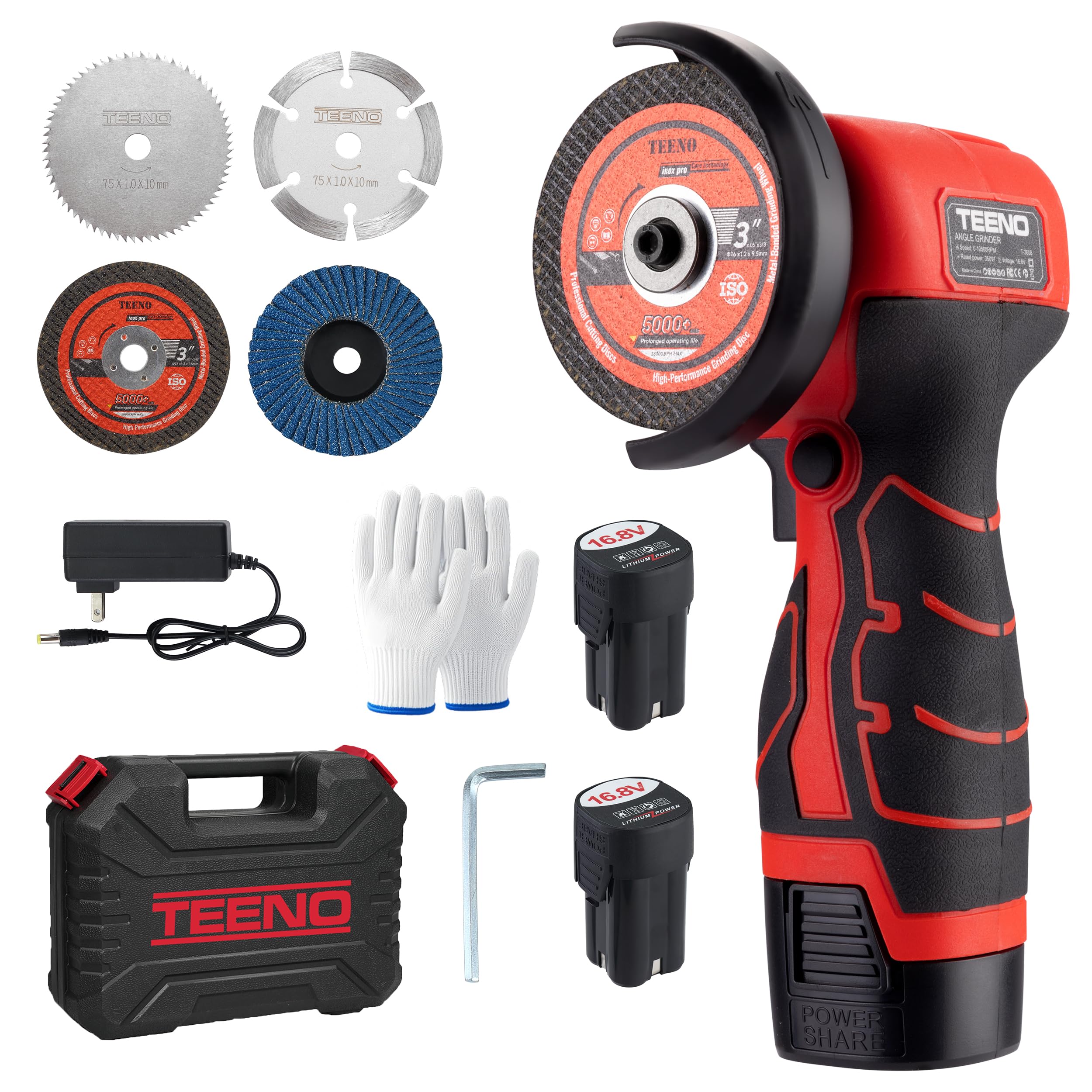 TEENO Smerigliatrice Angolare Senza Fili 76mm, 19500 RPM 16.8V con 2 Batterie 2000mAh, Mini Smerigliatrice Professionale + 6 Dischi da Taglio, Valigetta di Stoccaggio in Plastica per Smerigliatura