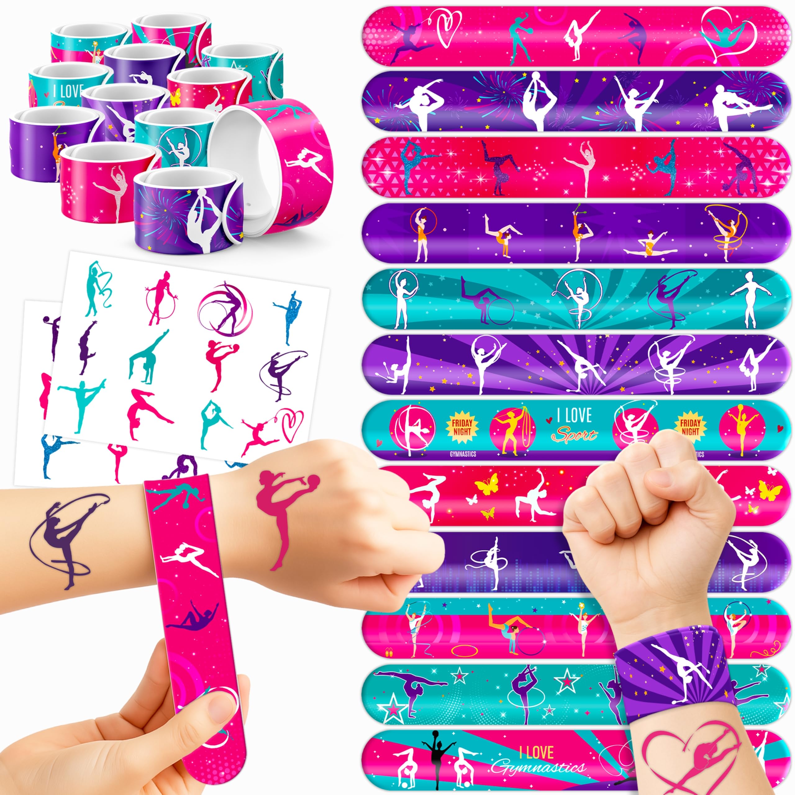 48PCS Gymnastics Party Favors - 24 Tattoos & 24 Slap Bracelets, Perfect for Gymnastics-Themed Birthdays, School Prizes, and Christmas Rewards for Kids