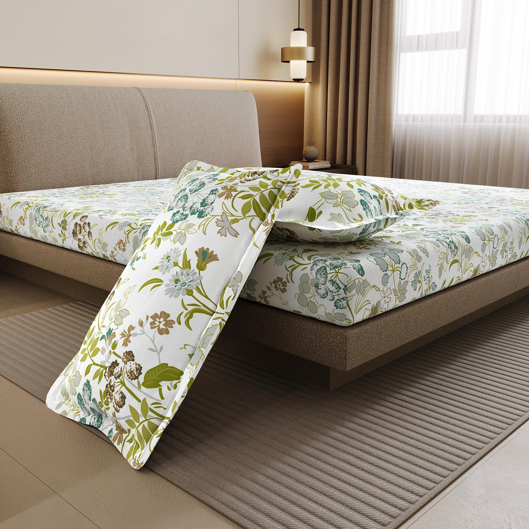 Divine Casa 144 TC Cotton Double Bedsheet with 2 Pillow Covers | Soft Comfortable Bedsheet for Double Bed | Breathable Printed Bedding Set | 222 x 254 cm (Green Blush, Floral)