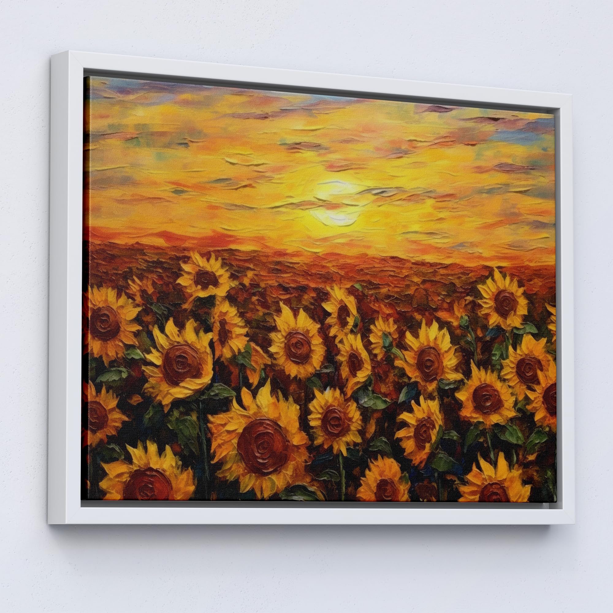 Lithobee - Sunflower Field at Sunset Wall Art Print White Framed Canvas 24x18inch(64x48cm) - Style No: 57