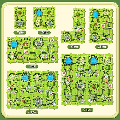 Miniatura 4 de Juego de 64 piezas de coches de carreras de rompecabezas para niños de 3, 4, 5, 6 años, pistas de rompecabezas para niños de 3 a 5 años con 3 autos