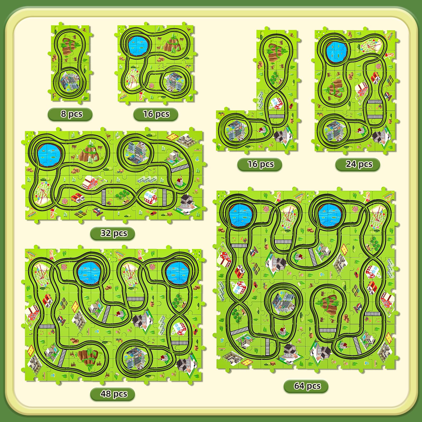 Juego de 64 piezas de coches de carreras de rompecabezas para niños de 3, 4, 5, 6 años, pistas de rompecabezas para niños de 3 a 5 años con 3 autos de juguete deslizantes, temáticos de ciudad 4