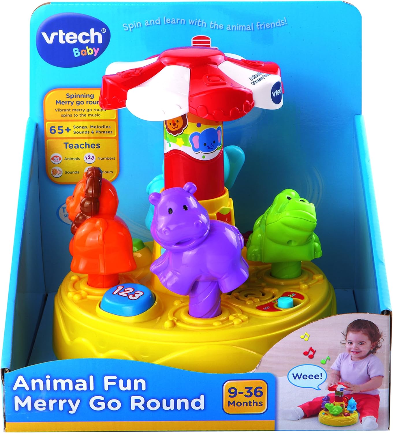 VTech Animal Fun Merry Go Round in its retail packaging with a child playing