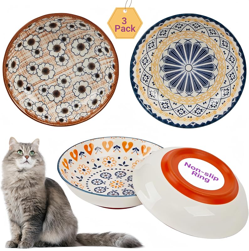 Pote raso de cerâmica para gatos com base antiderrapante ZYUTONG, estampa boho, pacote com 3