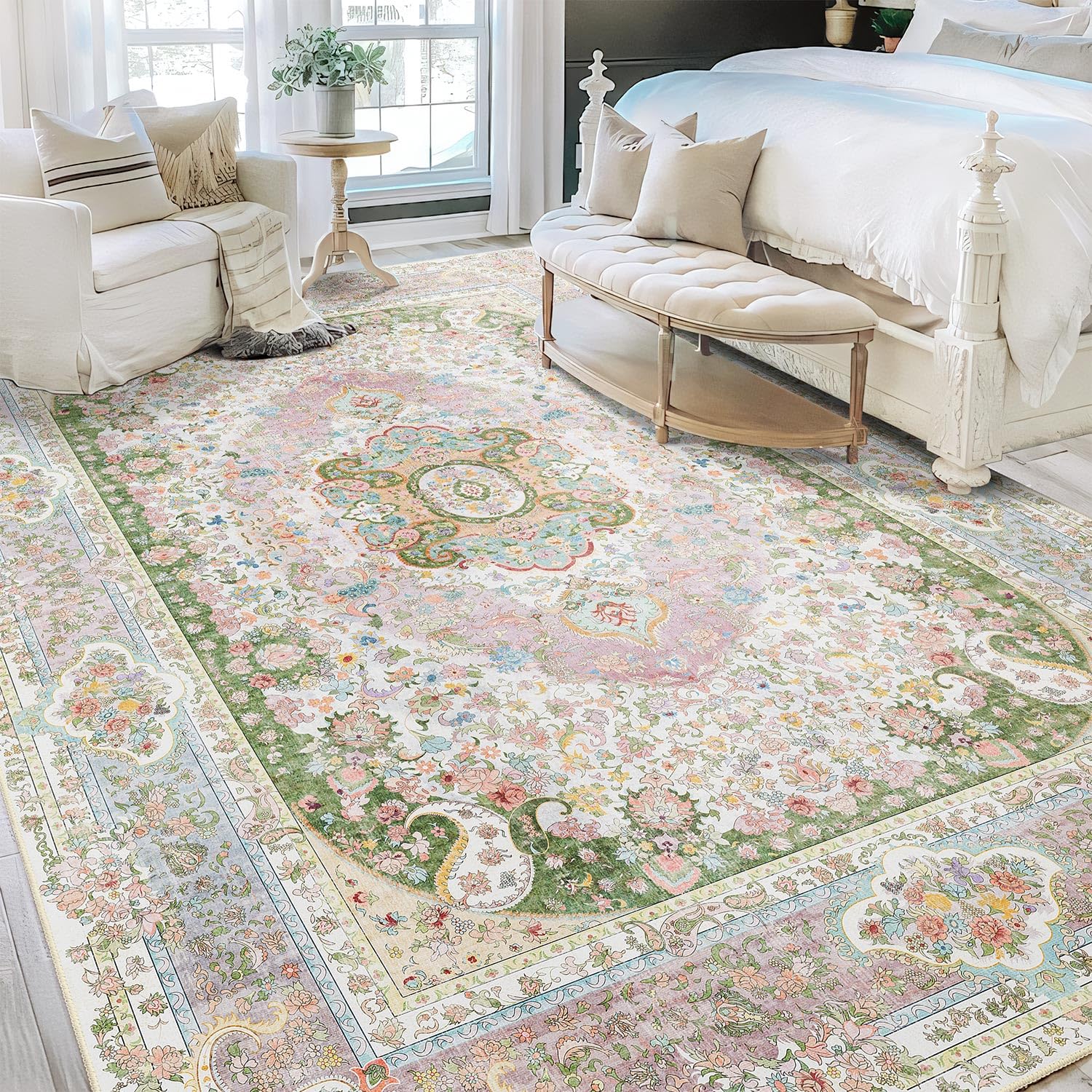 Area Rugs Washable,Pink Rug for Living Room Bedroom Dining Room,Large Boho Vintage Bohemian Distressed Carpet Non Slip,Blush Green ( similar)