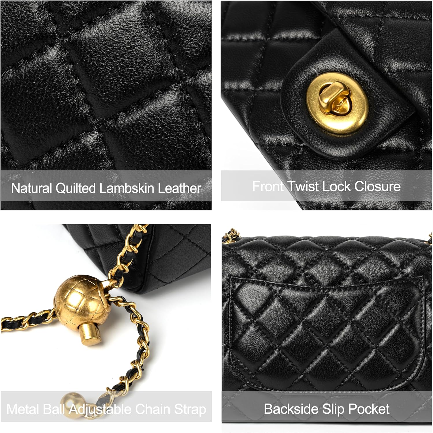 DORIS&JACKY Small Quilted Crossbody Purse for Women, Designer Lambskin Shoulder Purse with Twist Lock and Chain Strap - Image 3