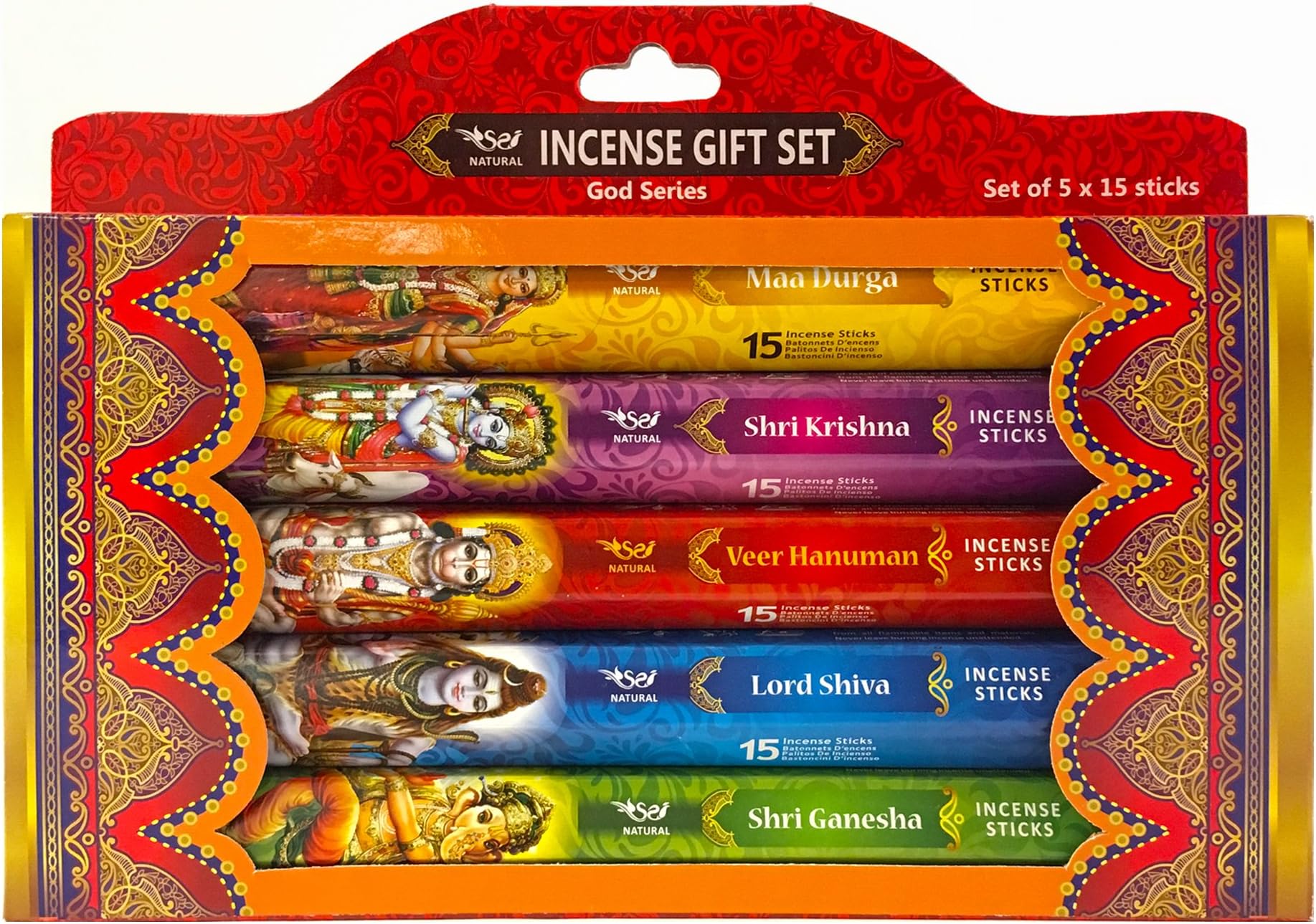 Spiritual Incense Gift Set - 5 Packs of 15 Sticks *All-Natural* Fragrance - Represents Spiritual Deities: Maa Durga, Shri Krishna, Veer Hanuman, Lord Shiva, Shri Ganesha