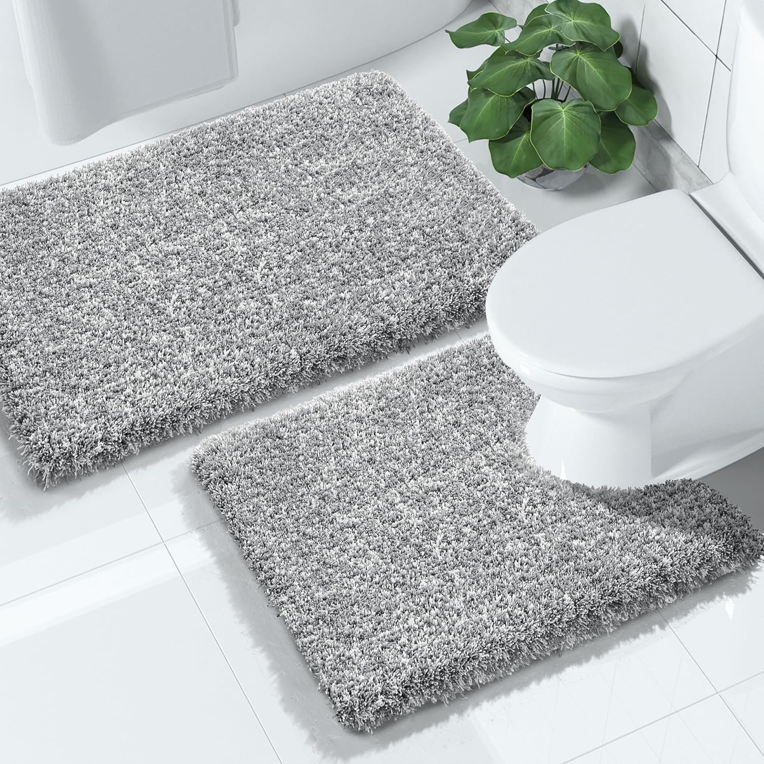 Yimobra Bathroom Rugs Sets 2 Piece, Soft Absorbent Bath Mat and U-Shaped Toilet Rug with Non Slip Backing, Machine Washable, Plush Shaggy Bath Mats for Bathroom, 32"x20"+24"x20", Light Gray and White