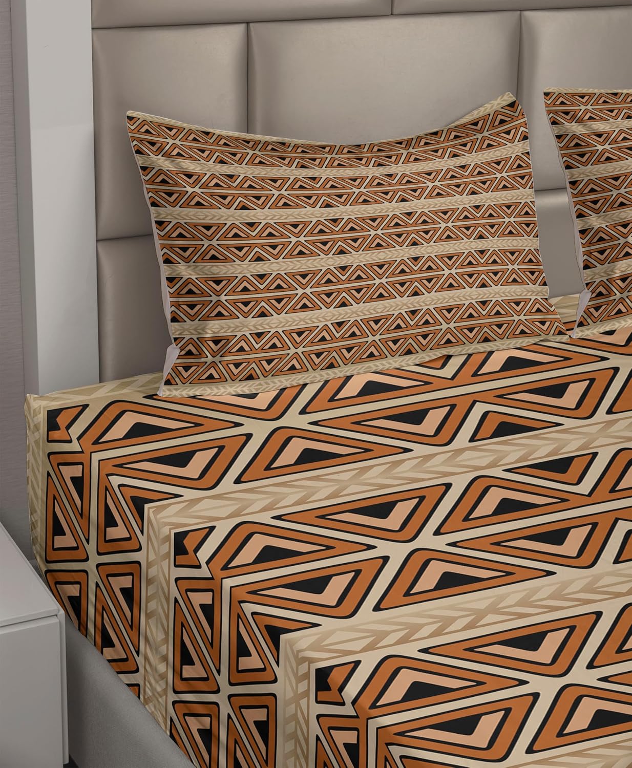 Ambesonne African Sheet Set, Abstract Art Style Inspired Geometric Pattern with Triangles Art, Fitted and Flat Sheet with Pillowcases Bedding Accent 4 Piece Set, Queen, Orange and Ecru