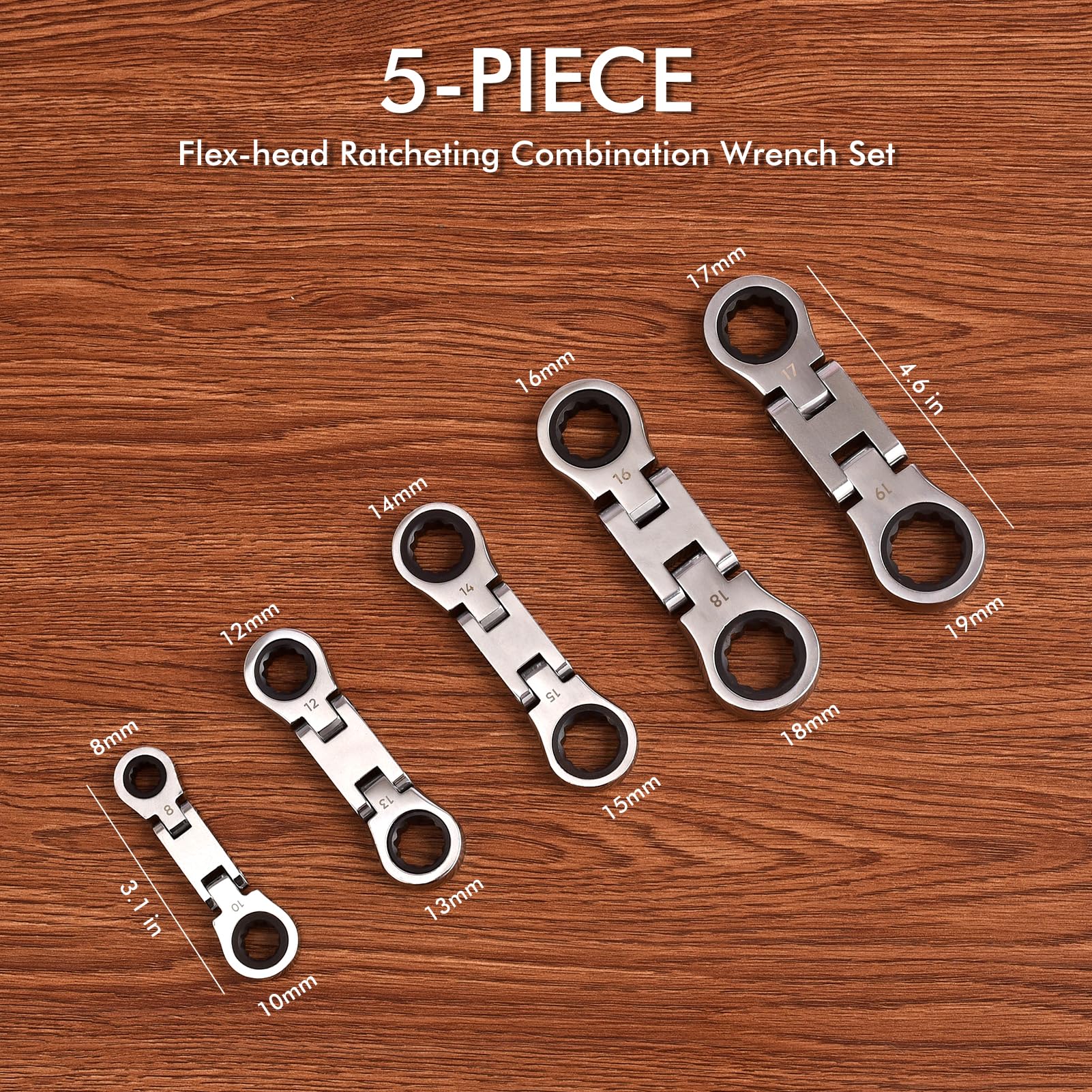 wanlvkang Stubby Wrenches Set, Flex Head Ratcheting Wrench Set Double Box End Ratchet Wrench Metric 8-19mm 5 Pieces (8 to 19 all)