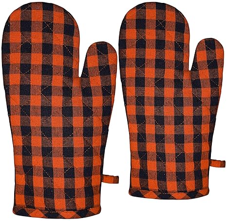 Raksha - Cotton Microwave Oven Mitten for Microwave - Set of 2 PCS Oven Glove - Heat Resistant -(Orange Checked)