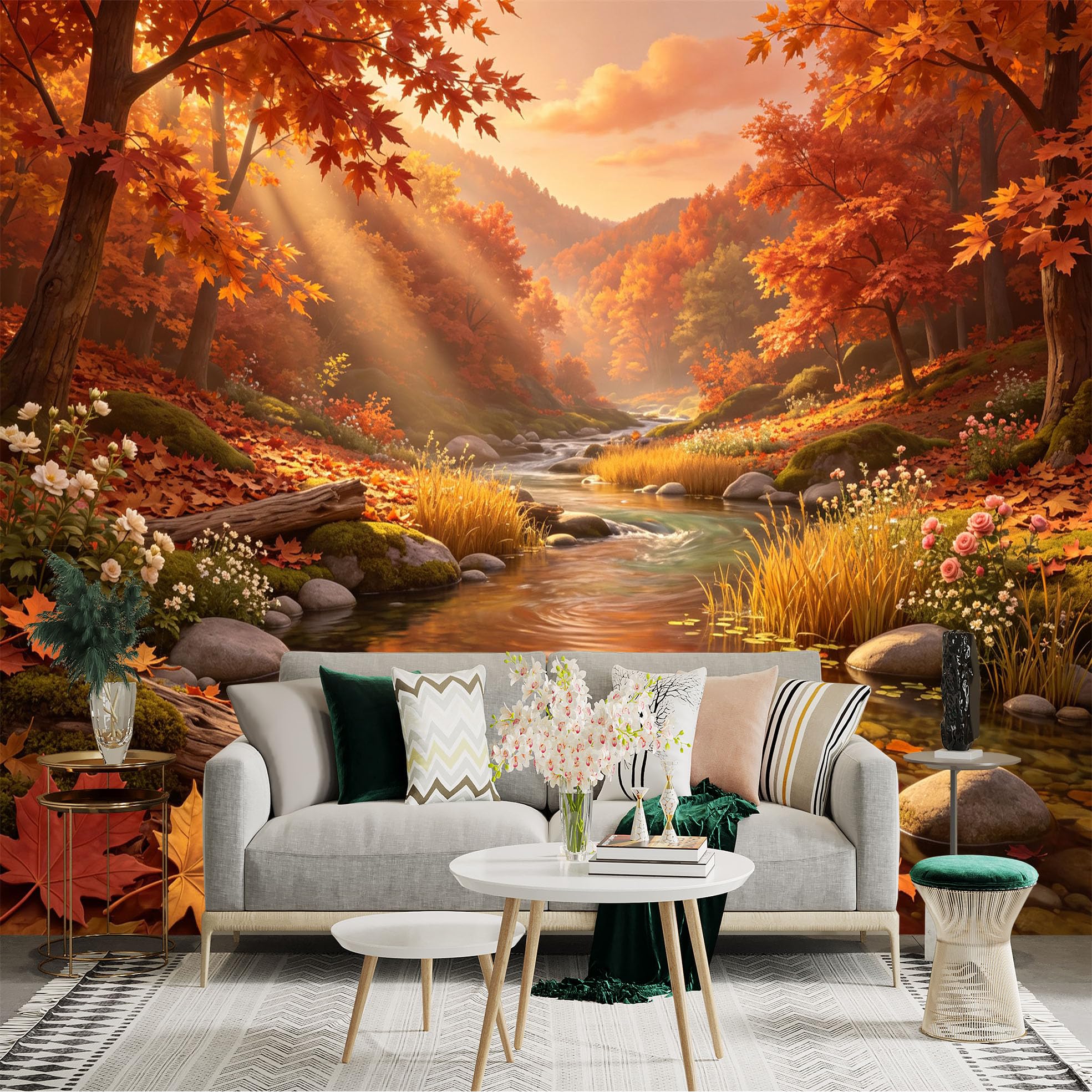 Lnzczhyre Bh260719532 Custom Size Wall Sticker Mural， Autumn Maple Forest With Flowing Creek， Sunny Woodland Landscape， For Wall Decoration， Peelandstick Wall Decals.