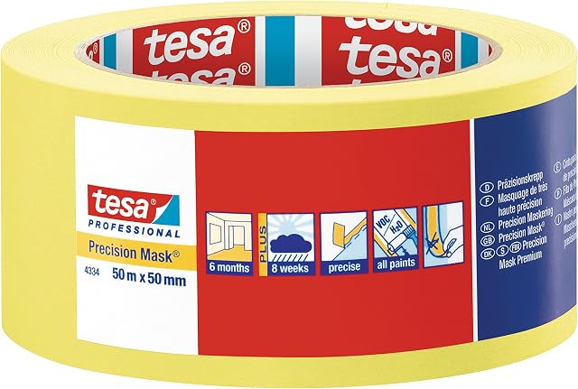 tesa 43340000400 Precision Indoor-Razor Sharp Edge Masking Tape for Painting and Decorating, Residue Free Removal, 50 m x 50 mm, Clear, 50mm