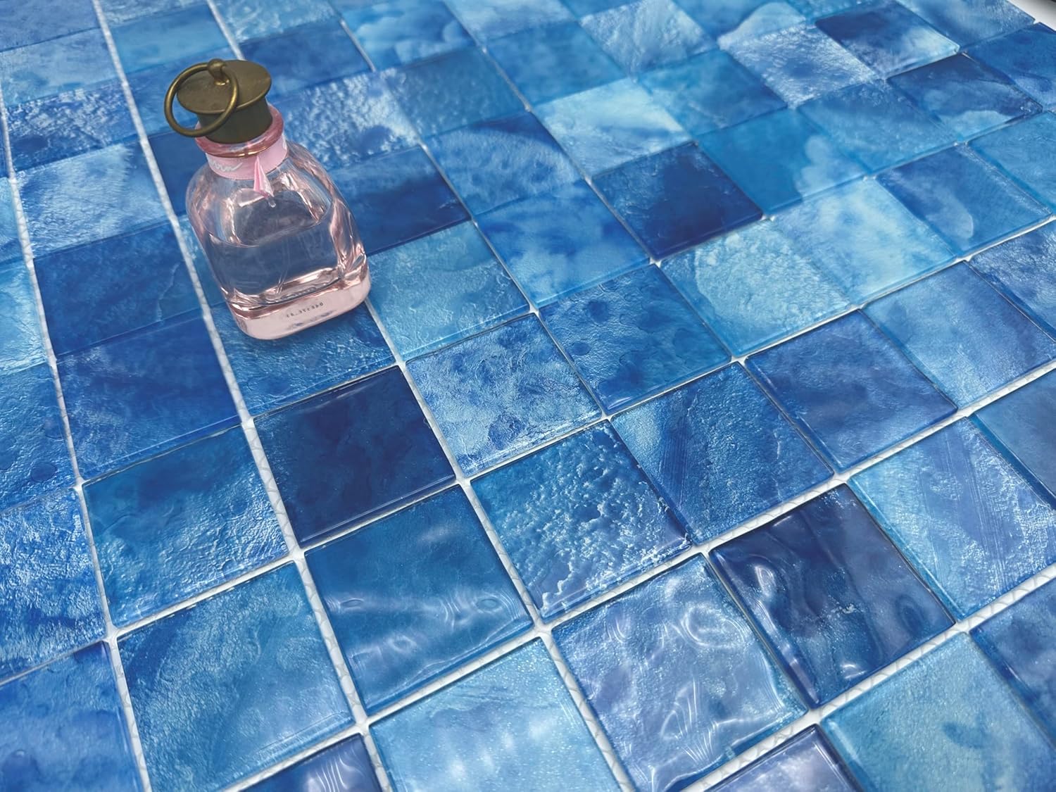Hand-Painted Ocean Blue Glass Mosaic Tile 12x12 Inch – 8 Sheets UV-Resistant & Scratch-Proof for Pool, Kitchen Backsplash, Bathroom Shower, Spa, Fountain – Waterproof Polished Tiles.