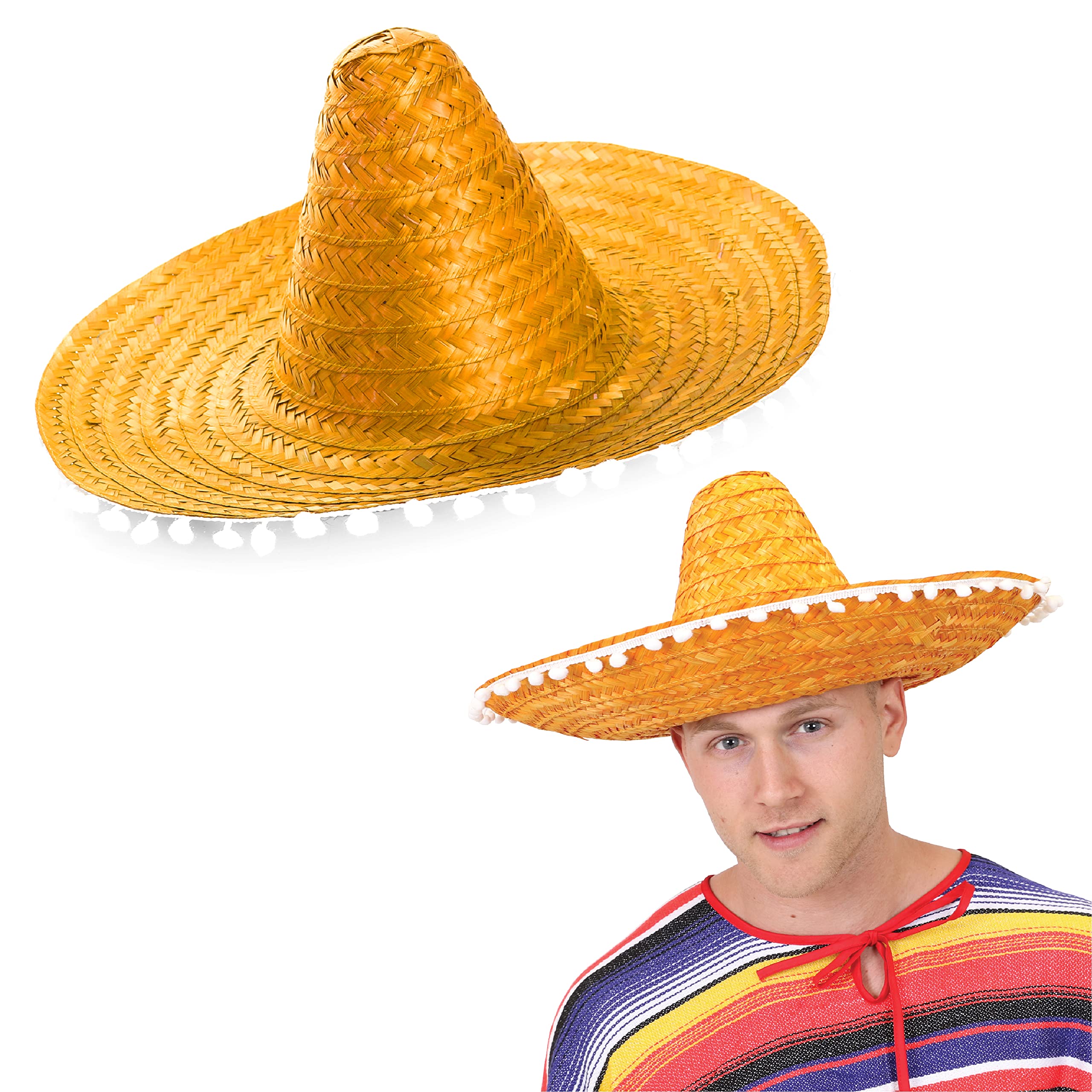 Adults Sombrero Hat - Pack of 100 - Multicoloured Mexican Sombrero With White Pompom Details - Mens Ladies Mexican Cinco De Mayo Fiesta Fancy Dress Costume Accessory