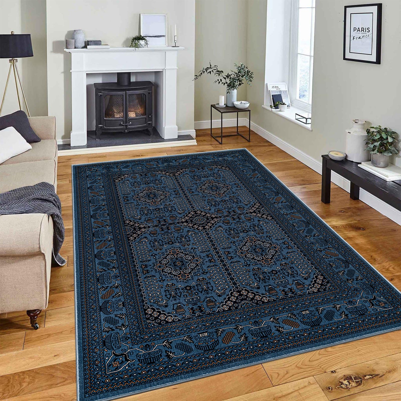 renoazul® Extra Large Rugs With Jute Back, Traditional Rug - Zinat 240 x 320 cm Turquoise - Washable Carpet For Bedroom, Lounge and Living Room Carpet
