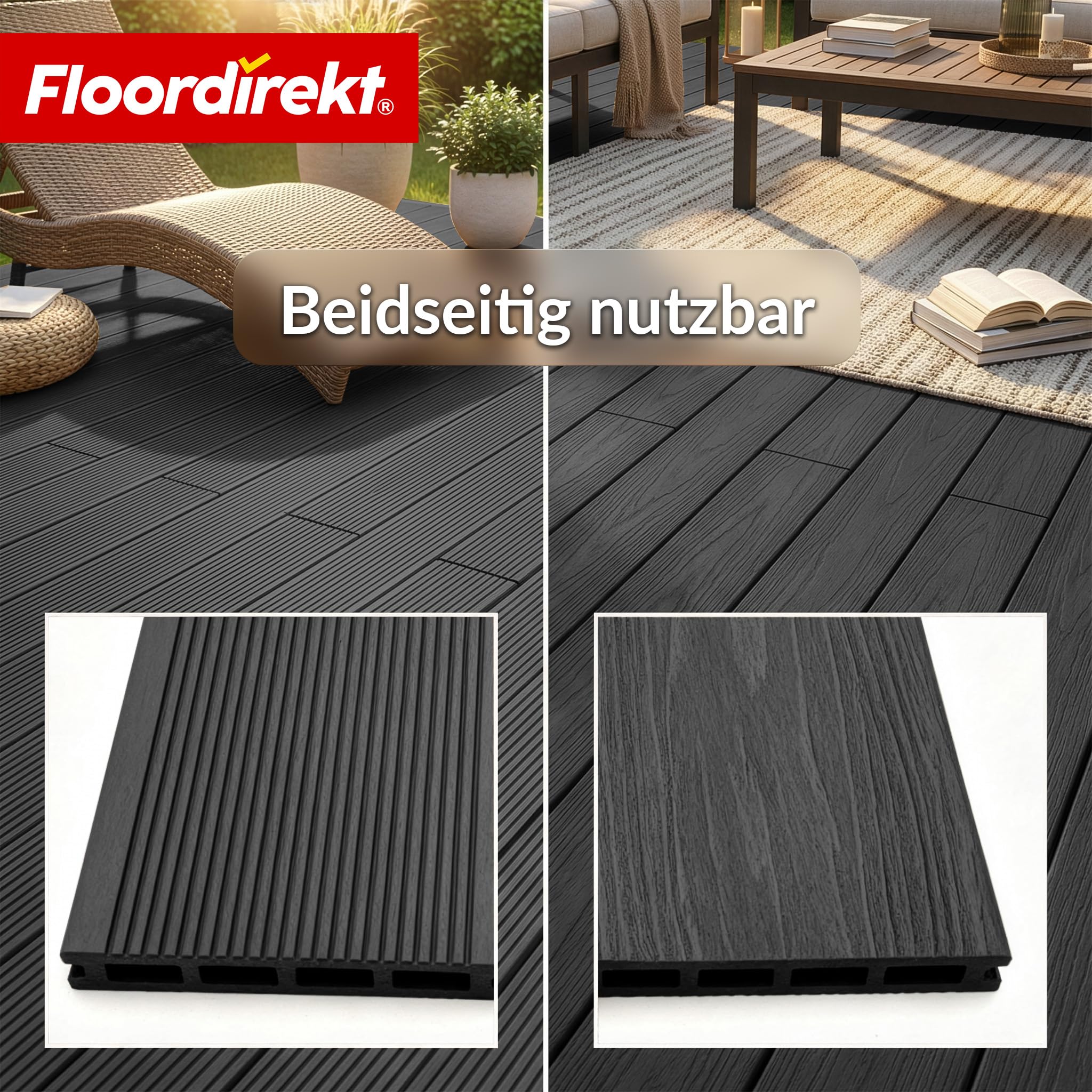 Floordirekt WPC Terrassendielen 220x14,6cm - Komplettset 2 m² – Hohlkammerdiele - Komplettbausatz, inkl. Unterkonstruktion & Montagematerial, wetterfest & UV-beständig - Crown Schwarz