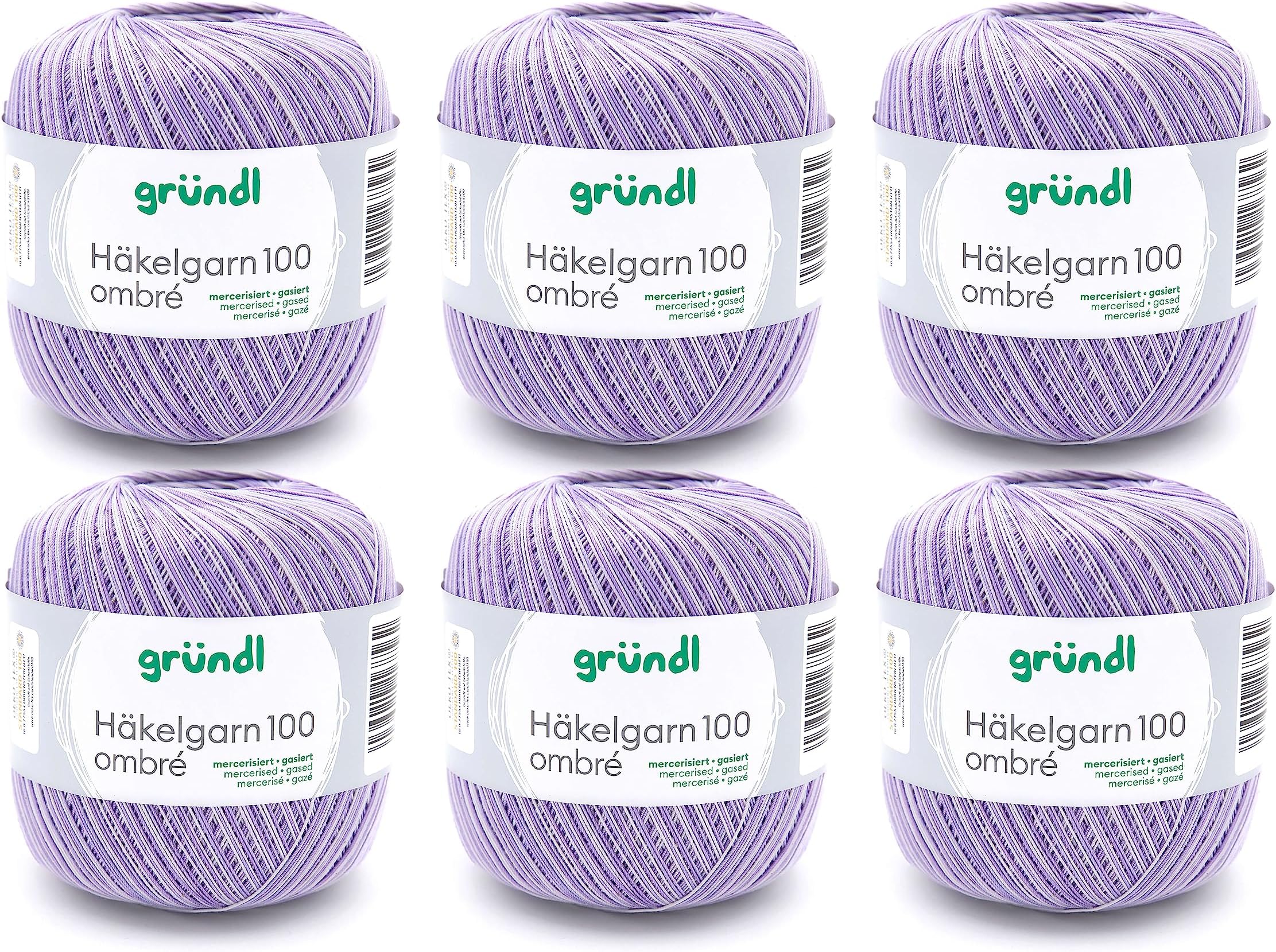 Gründl100 Ombre Crochet Yarn (Mercerised Cotton Yarn for Crocheting, 100 g/566 m, Needle Size: 1.5-2, 6 x 100 g) LavenderOEKO-TEX STANDARD 100