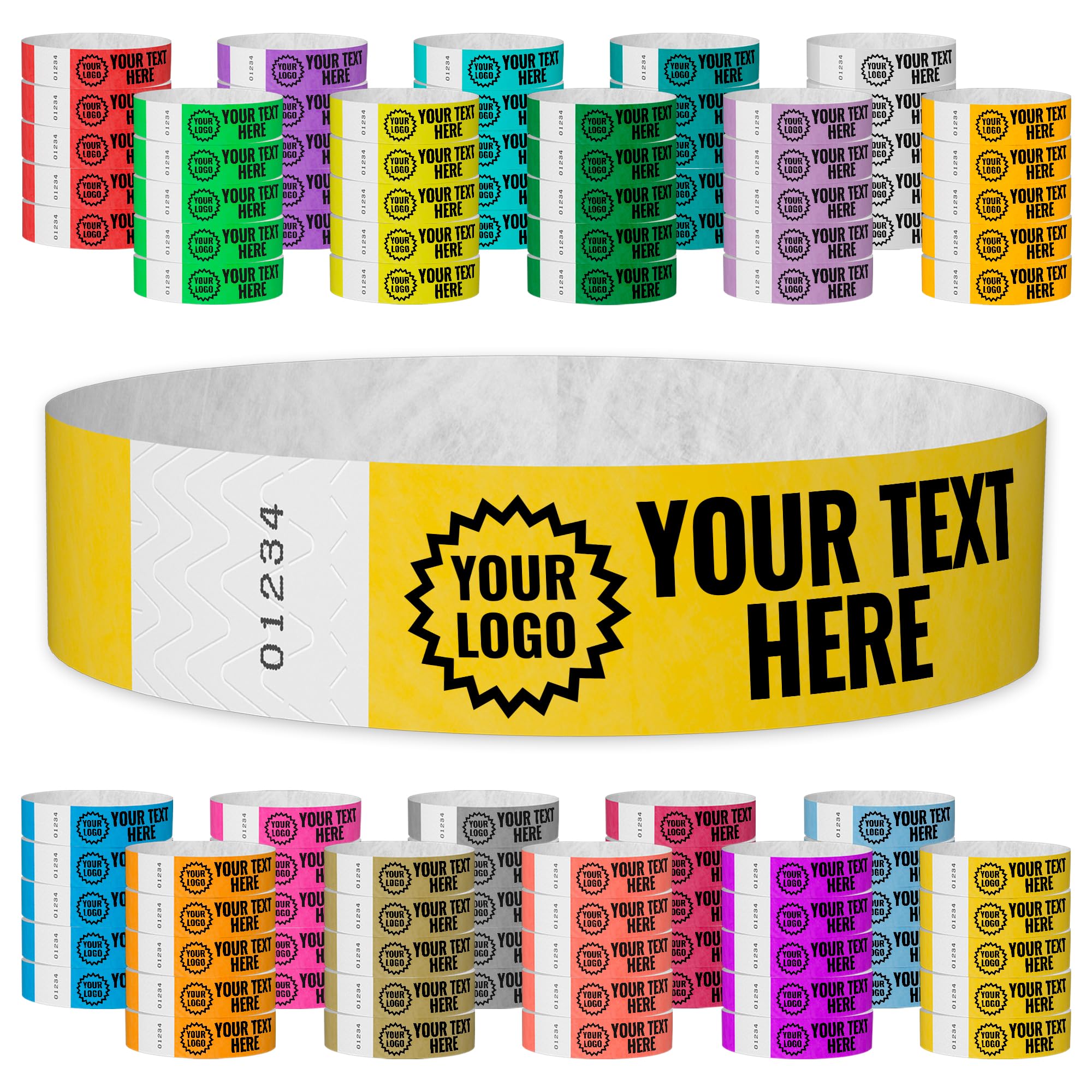 WristCo Pantone Yellow Custom Imprint Wristbands - 200 count Tyvek ¾” x 10”- Add any text logo and image & receive printed wrist band bracelets for