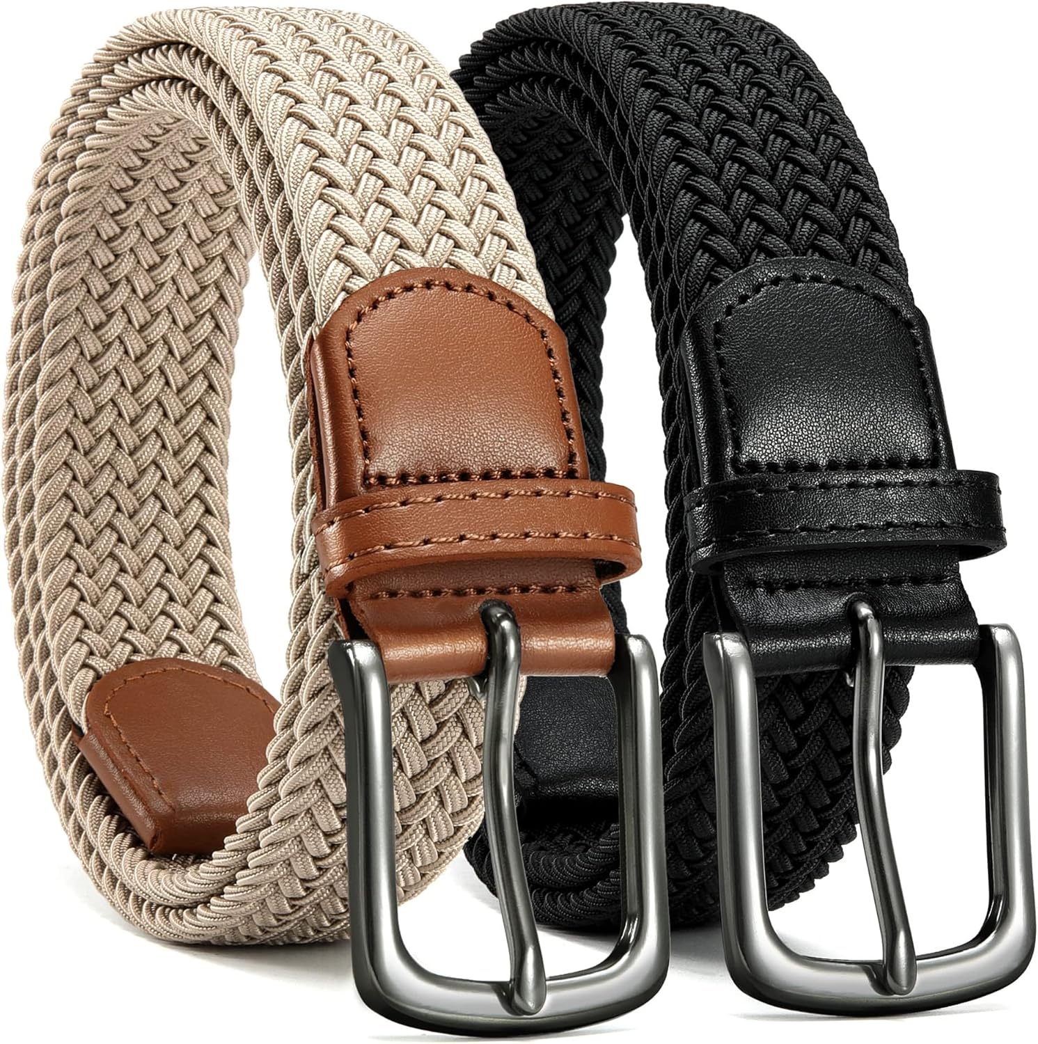 CHAOREN Stretch Belt Men 2 Pack - 1 3/8" Braided Golf Belts For Men - Casual Elastic For Pants and Jeans