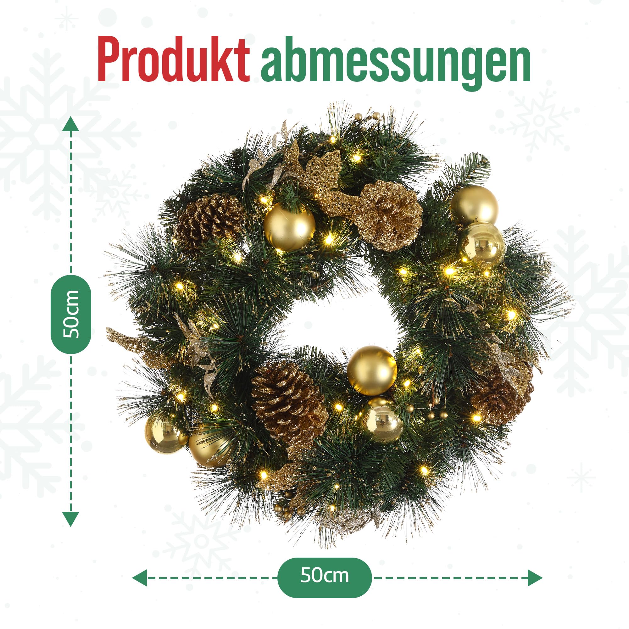 MeisterHome ® Künstlicher Weihnachtskranz Adventskranz für Tür Ø 50 cm - Weihnachtlicher Türkranz für Innen und Außen mit 35 LEDs, Timer und Gold Dekoration + Goldfarbener Aufhänger