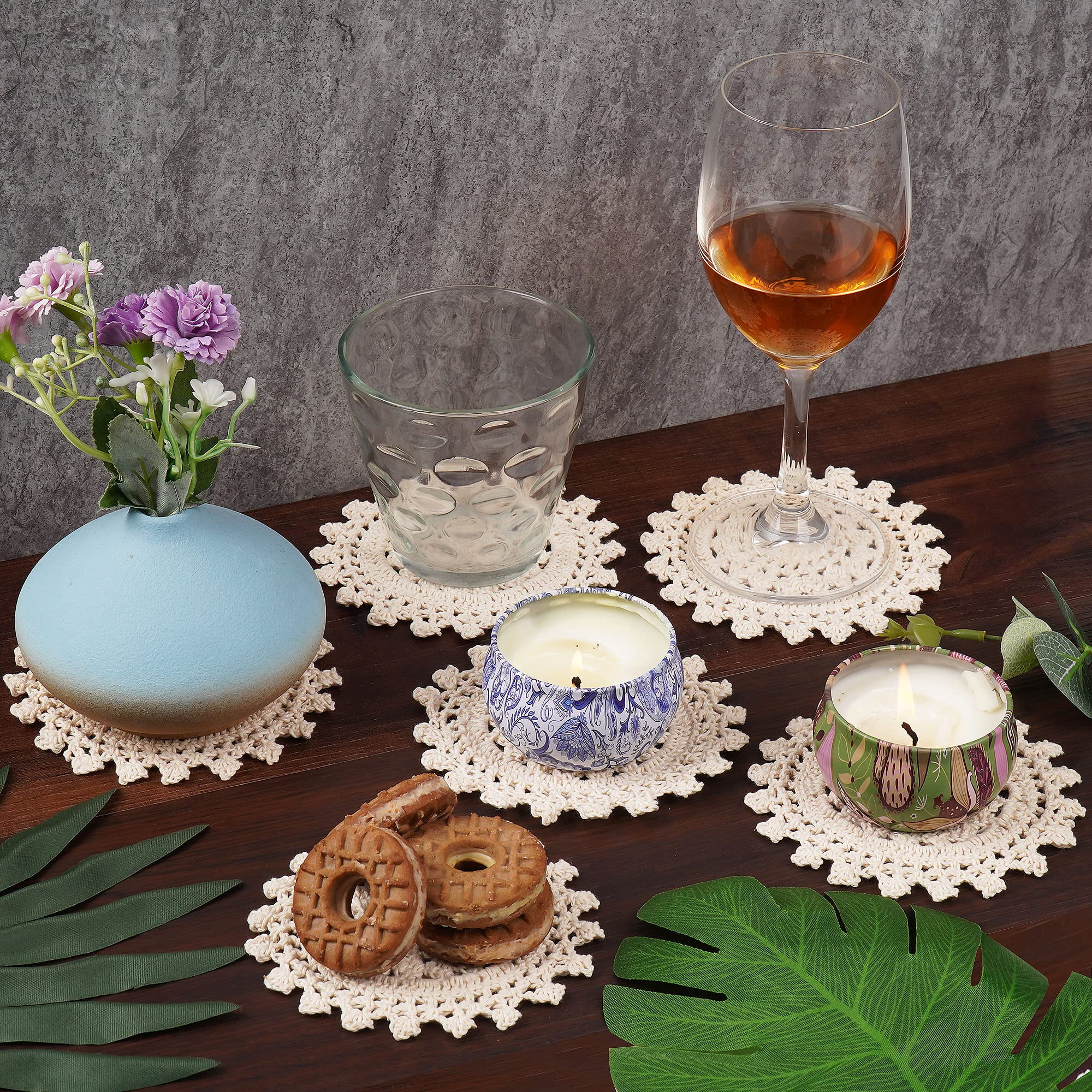 6 Pieces 4 Inch Cotton Doilies - Small Vintage Crochet Lace Placemats & Round Coasters, Beige Mandala Style