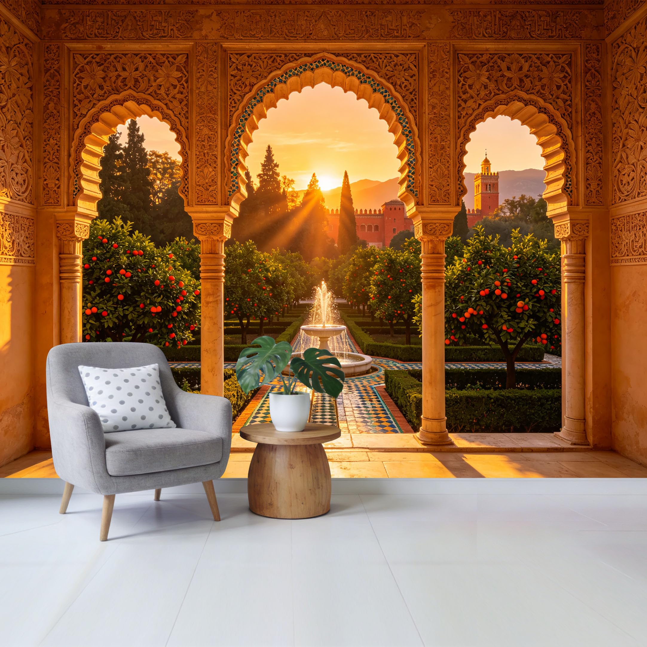 Custom Size Wall Mural Moroccan Palace Archway Sunset Garden Fountain Landscape Removable Self Adhesive Fabric Home Wall Decor for Living Room Bedroom Bathroom