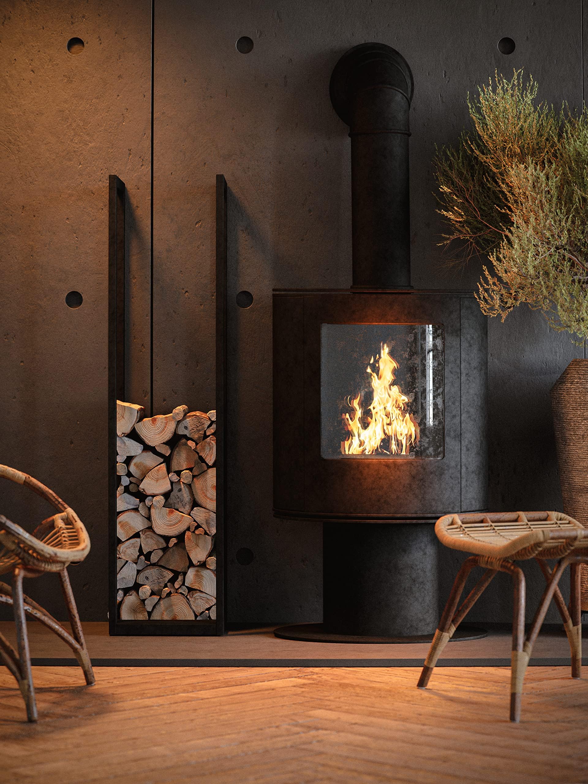 Kaminholzregal Aussen Brennholzregal Außen LOFT - Holzlager Holzunterstand für Kamin 120 x 30 x 30 cm, Metall Schwarz Matt, Industriedesign Holzhalter, Feuerholz Kaminholzregal Innen