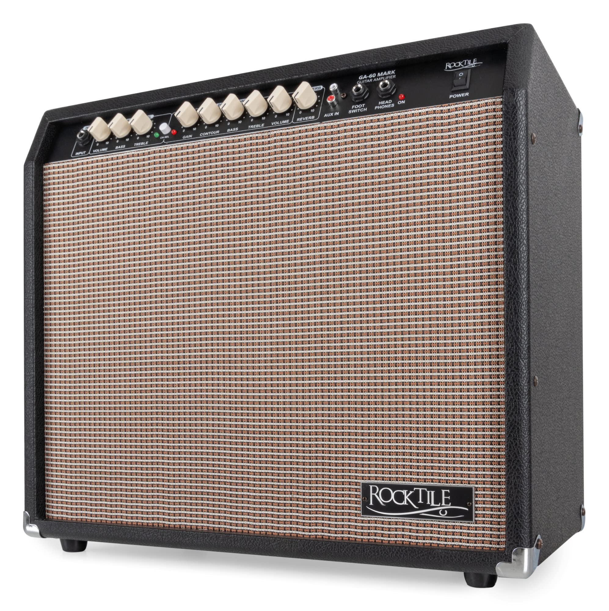 Rocktile GA-60 Mark Gitarrenverstärker - 60 Watt Gitarrencombo - 2 Kanäle (Normal/Drive) - 12" Speaker - Kopfhöreranschluss und AUX-In - 2-Band-EQ - Federhall-Effekt und Effektweg - Schwarz