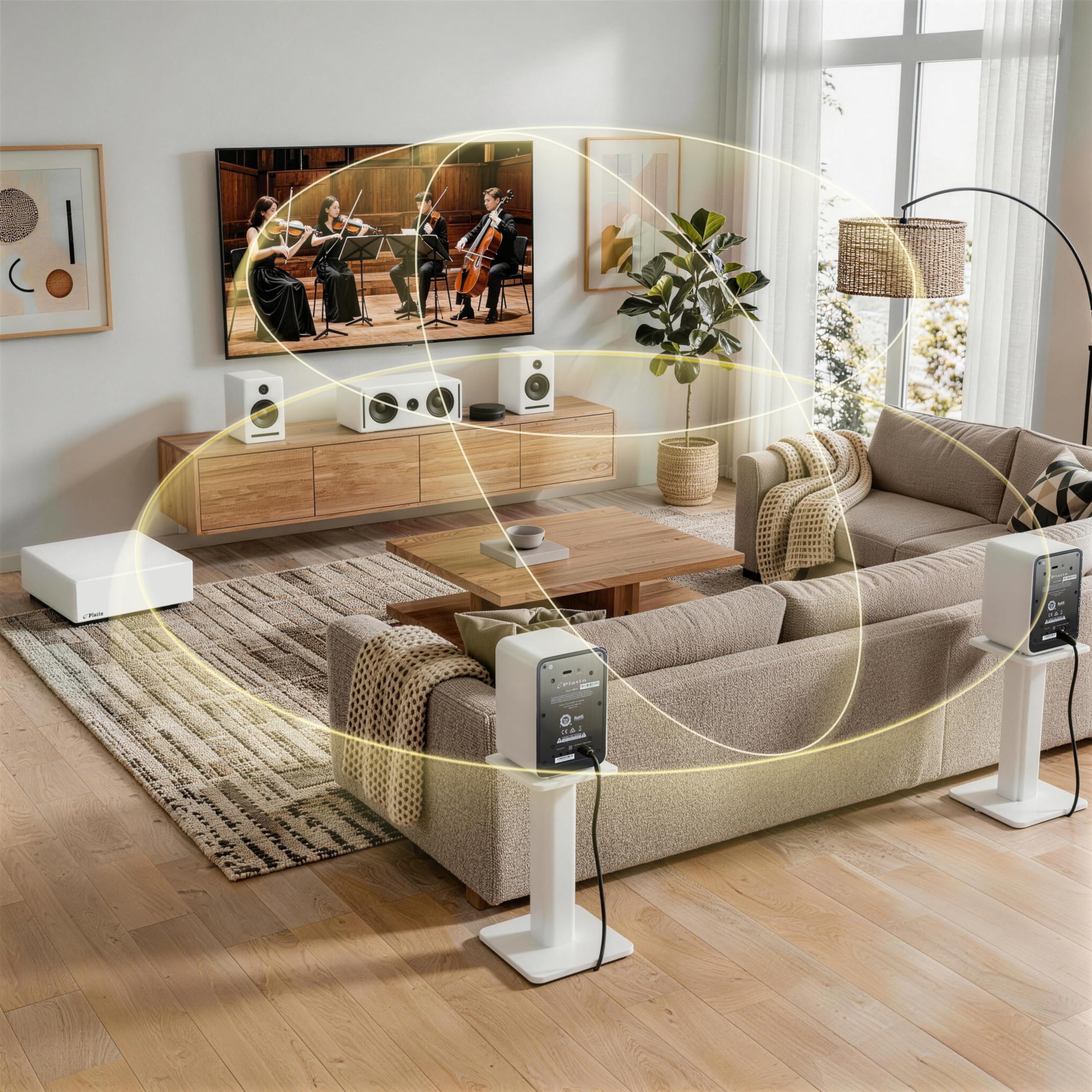 Système de son home cinéma 5.1 Dolby Atmos, système de son surround sans fil avec WiSA Low Latency, mise à niveau du son TV et de jeu pour le salon, kit Monaco compact, blanc