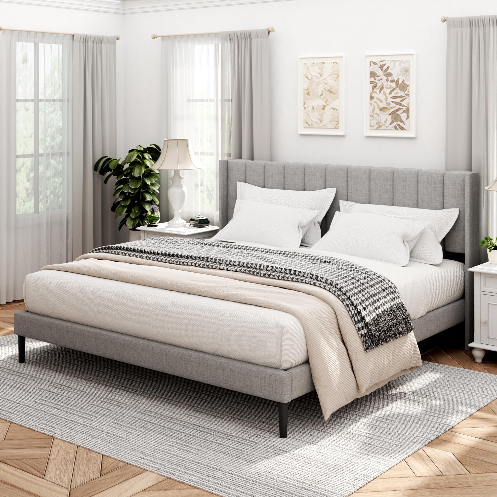 King Size Bed Frame and Headboard Vertical Channel Tufted Wingback No Box Spring Needed Mattress Foundation Easy Assembly
