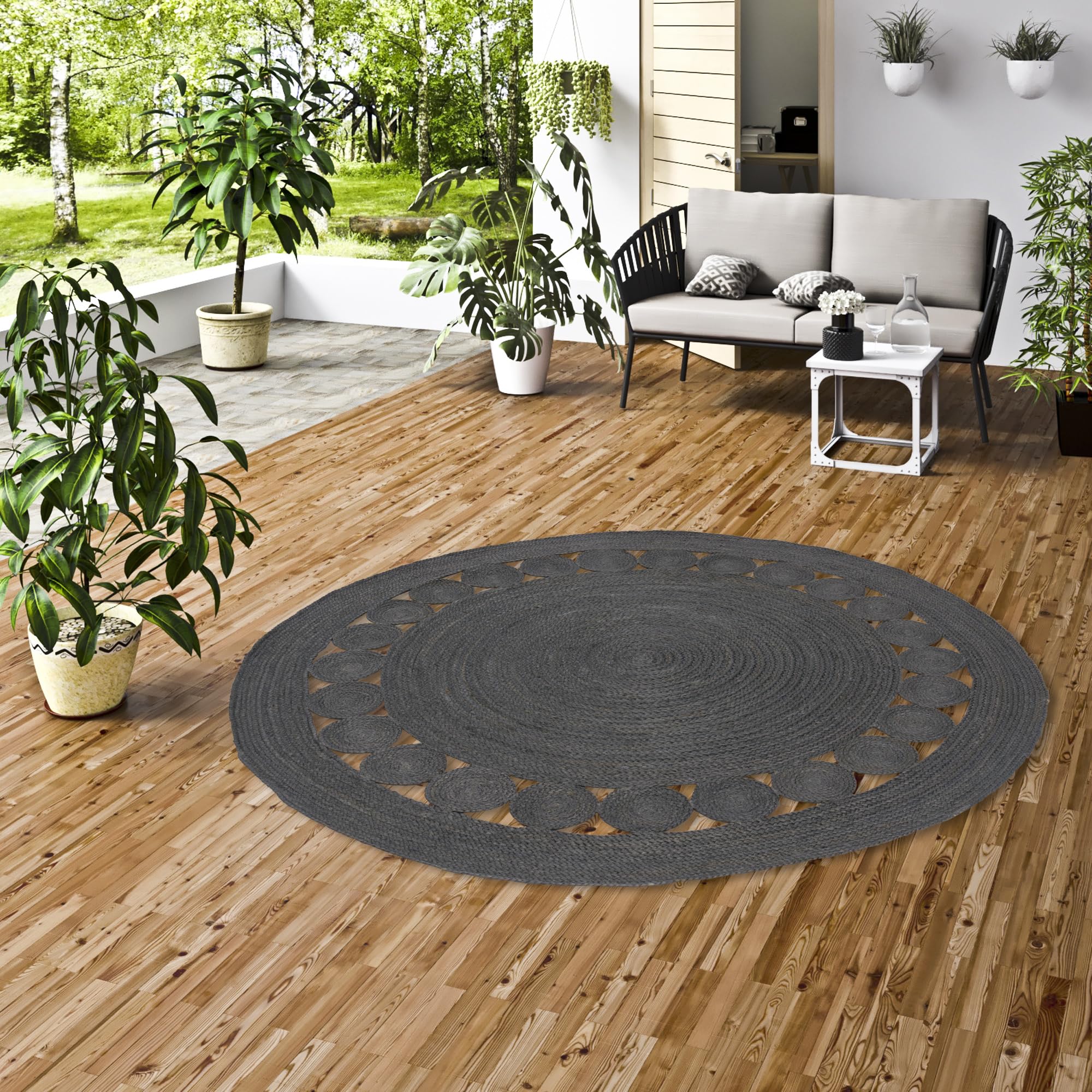 Pergamon Tapis Rond en Jute Salsa Moderne Anthracite - Fait Main en Fibre Naturelle résistante - Design Simple avec Motif tressé - Différentes Tailles Disponibles