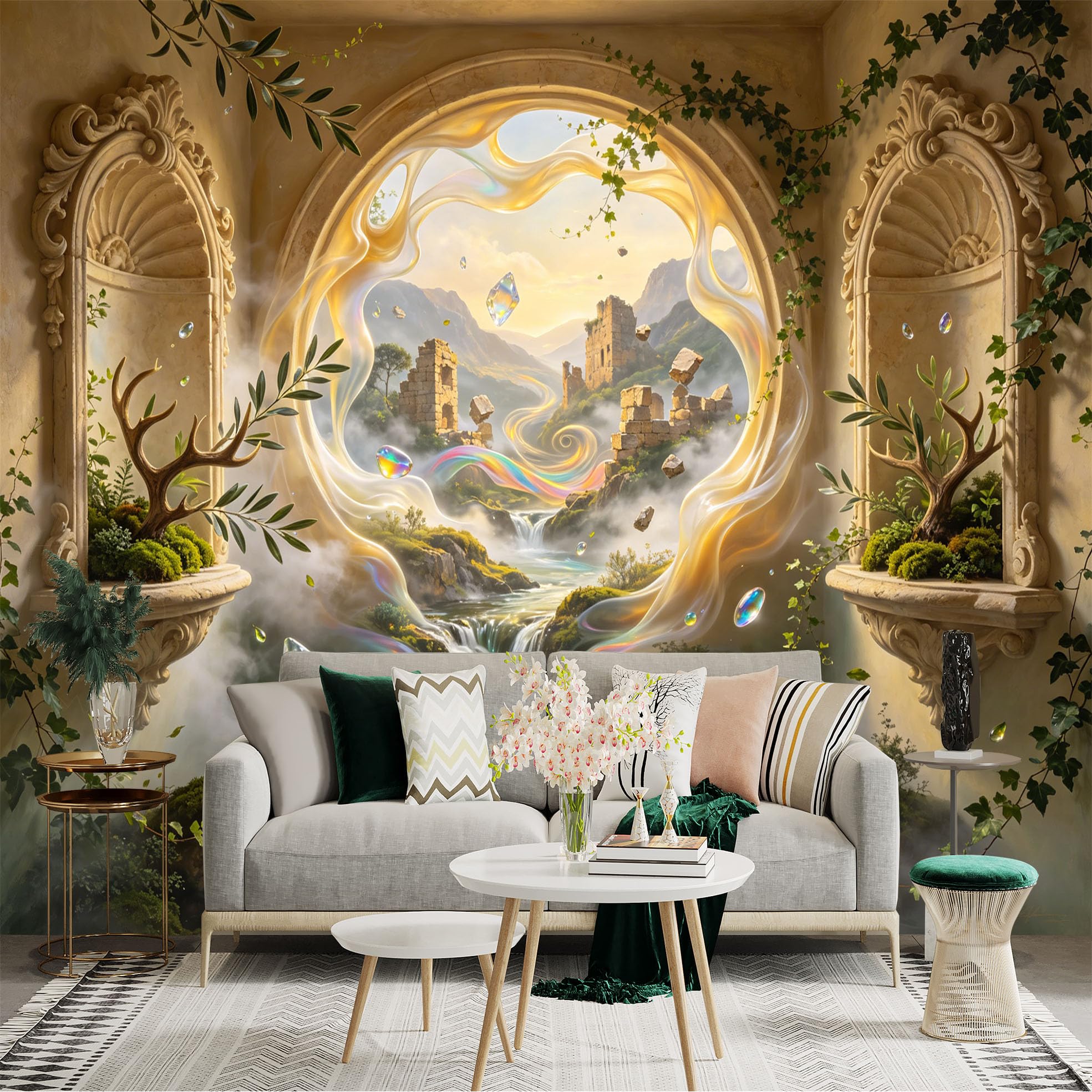 Custom Size Wall Sticker Mural， Fantasy Waterfall Landscape with Ancient Ruins and Mystic Light， for wall Decoration， peelandstick wall Decals.