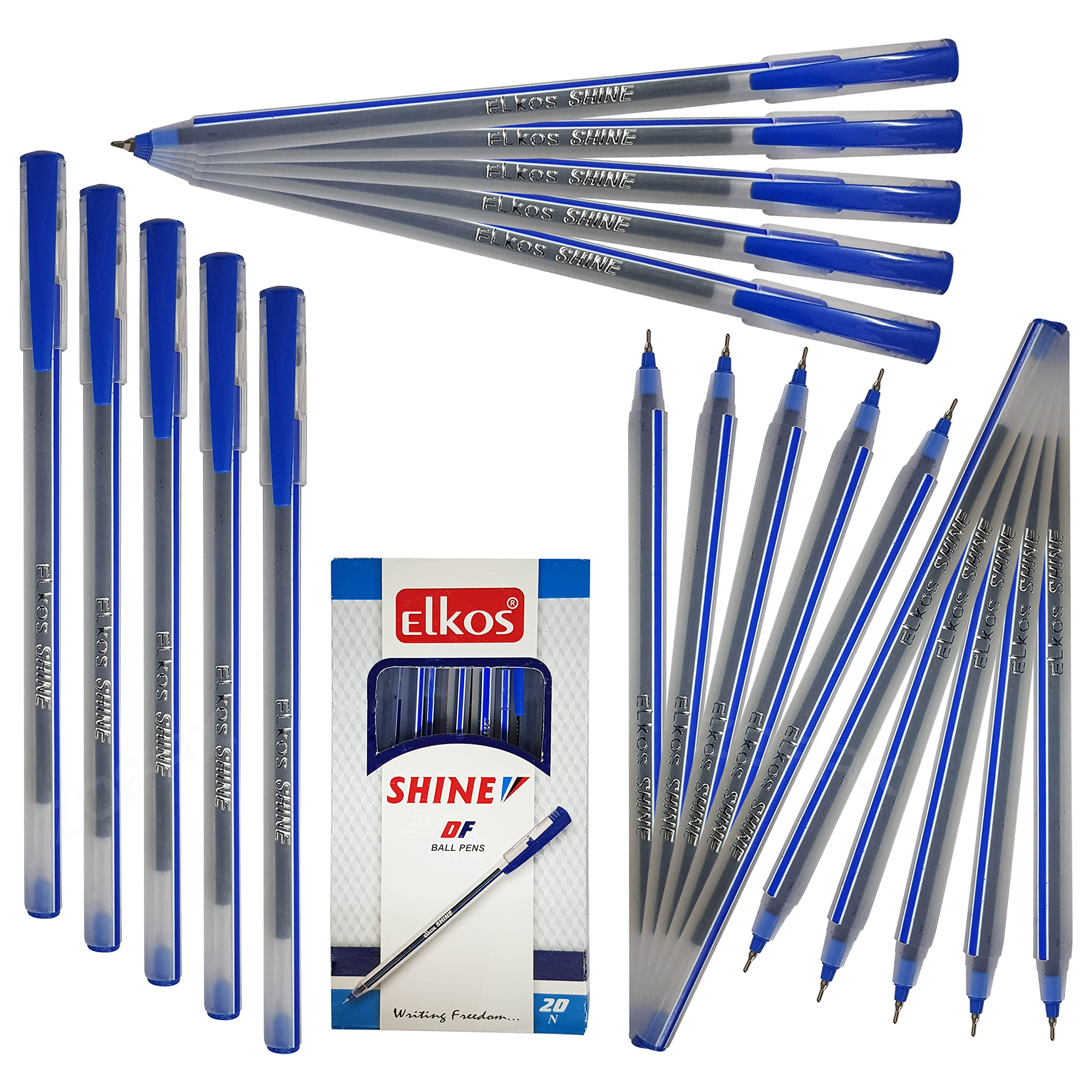 ELKOS BLUE Ballpoint Pens, 0.7mm Fine Point, Pack of 20, Shine DF Ball Pens, Smooth Writing, School Office Home Everyday Pens, ZOFAX Black Ball Pen
