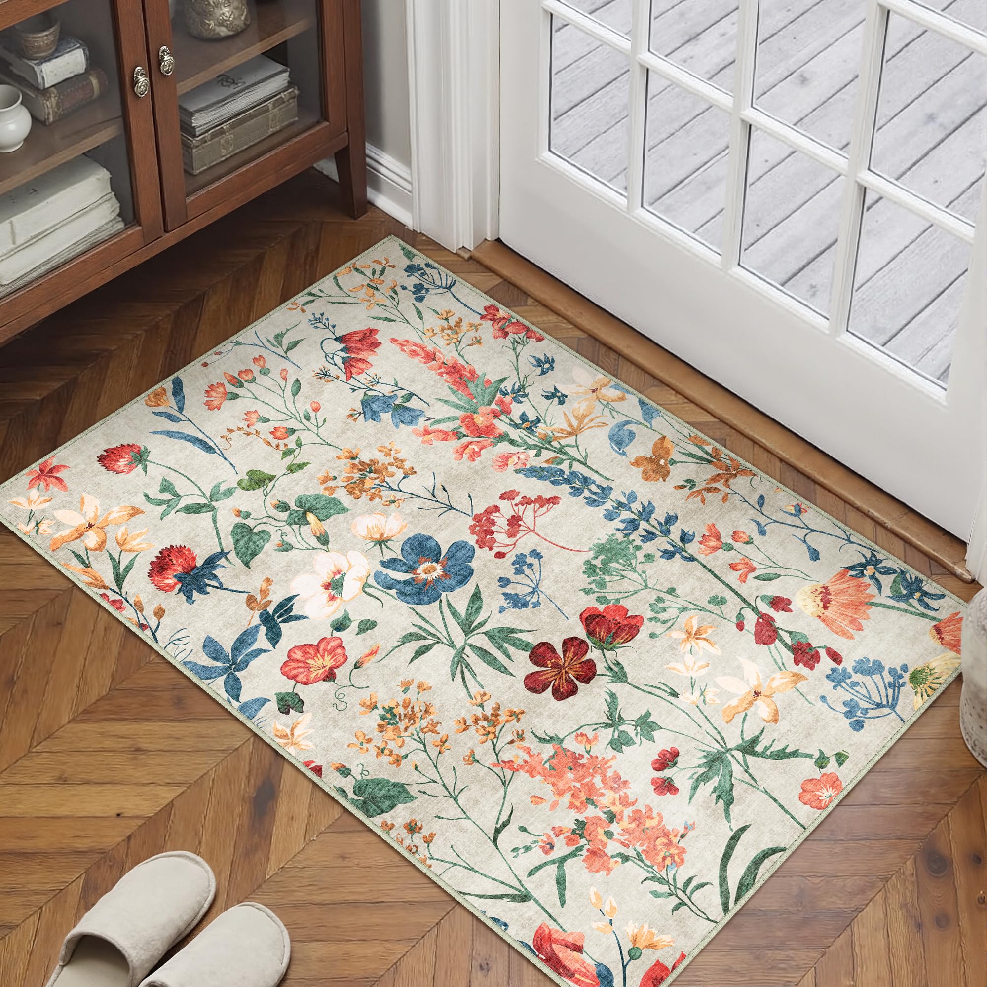 HUGEAR Door Mat Beige Washable Flower Area Rug 60x90cm Doormats Non Slip Boho Natural Modern Floral Small Carpet Entrance Bedroom Dining Room Kitchen Bedside Office Low Pile Soft Carpets โ image 1
