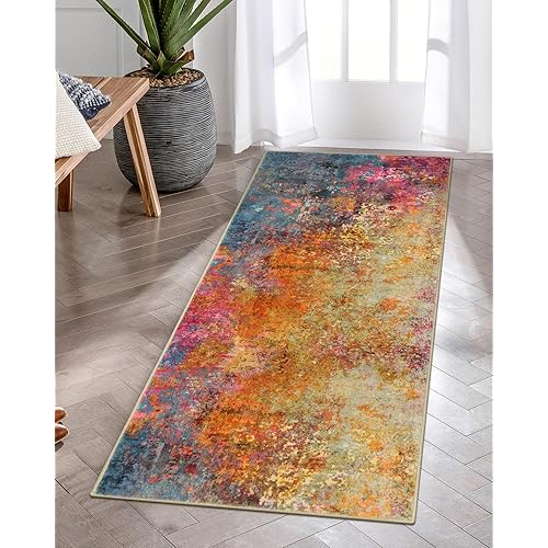 Lahome Modern Abstract Runner Rug - 2x4.3 Colorful Kitchen Runner Long Bathroom Rugs Runner Non Skid Laundry Room Mat, Rainbow Non Slip Machine Washable Carpet Runner for Bedroom Entryway Doorway
