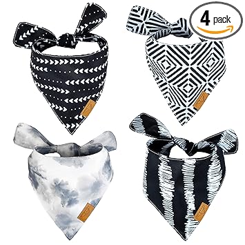 Remy+Roo Dog Bandanas - 4 Pack Durable Fabric | Unique Shape | Adjustable Fit | Multiple Sizes Offered | Monochrome Set (Small)