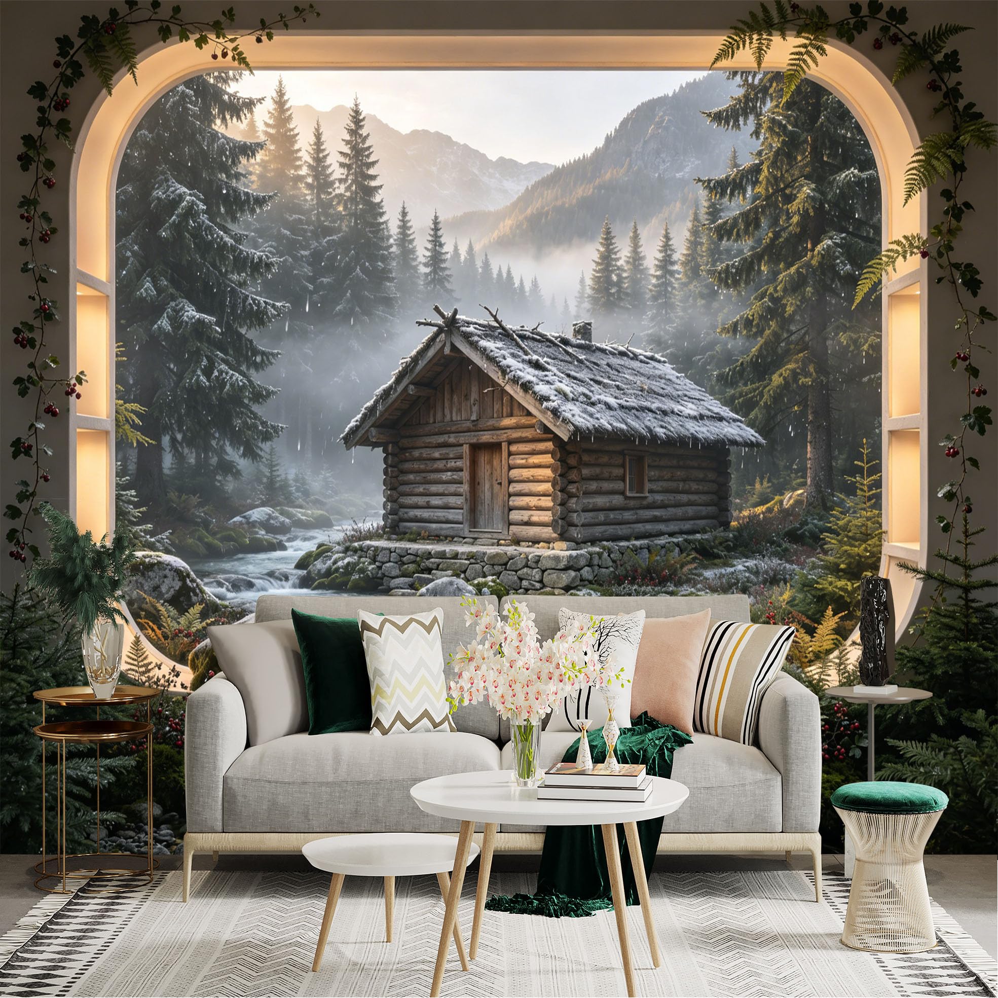 Custom Size Wall Sticker Mural， Cozy Wooden Cabin by Mountain Stream with Pine Forest and Snow， for wall Decoration， peelandstick wall Decals.