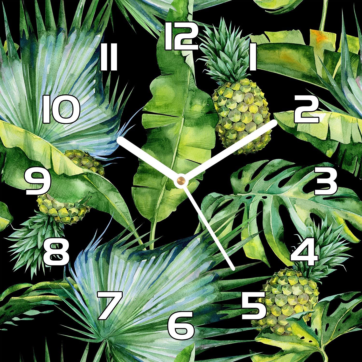 Horloge en verre 30x30 cm motif ananas Hawaii avec aiguilles blanches