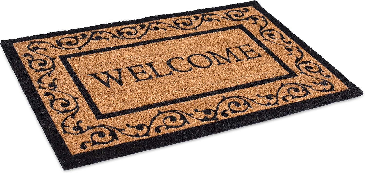 BIRDROCK HOME Welcome Coir Doormat with Scroll Border - 24 x 36 Inch - Oversized Welcome Mat with Black Border and Natural Fade - Vinyl Backed - Outdoor