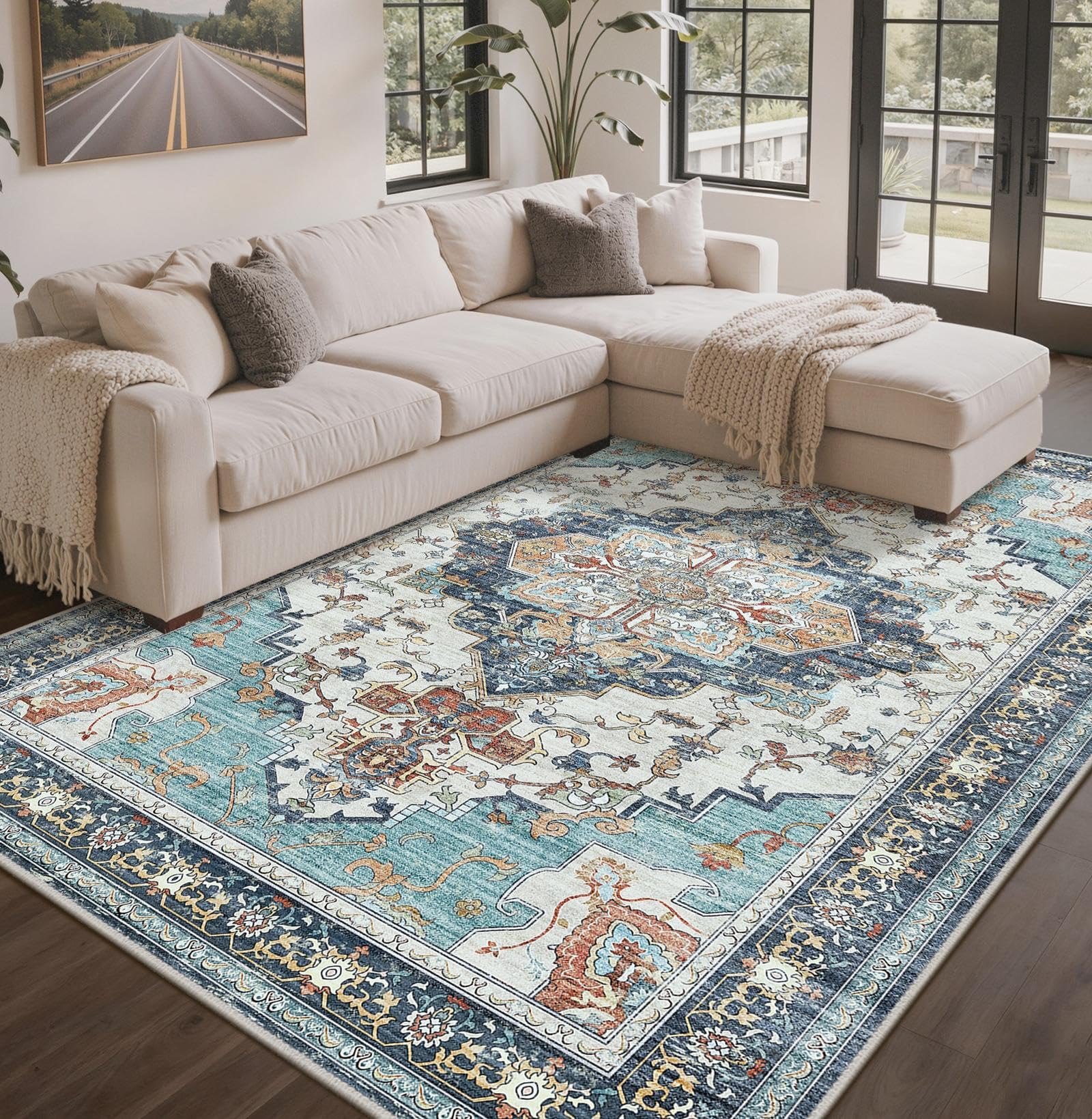 Guchuang Bedding Vloerkleed voor woonkamer, 160 x 230 cm, grijs, laagpolig, abstract vintage designtapijt, wasbaar, antislip, tapijt voor slaapkamer