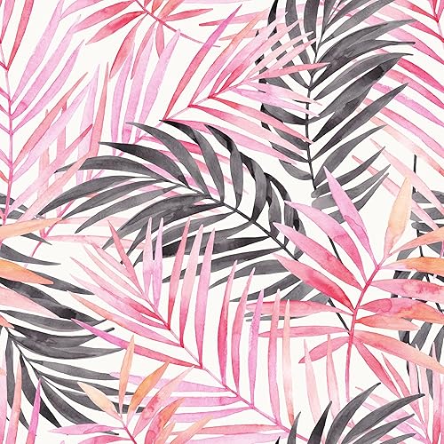 Papel tapiz de 315 x 17.5 pulgadas, color rosa y negro, papel de contacto bohemio rosa y negro, papel tapiz floral de hoja de palmera para sala de